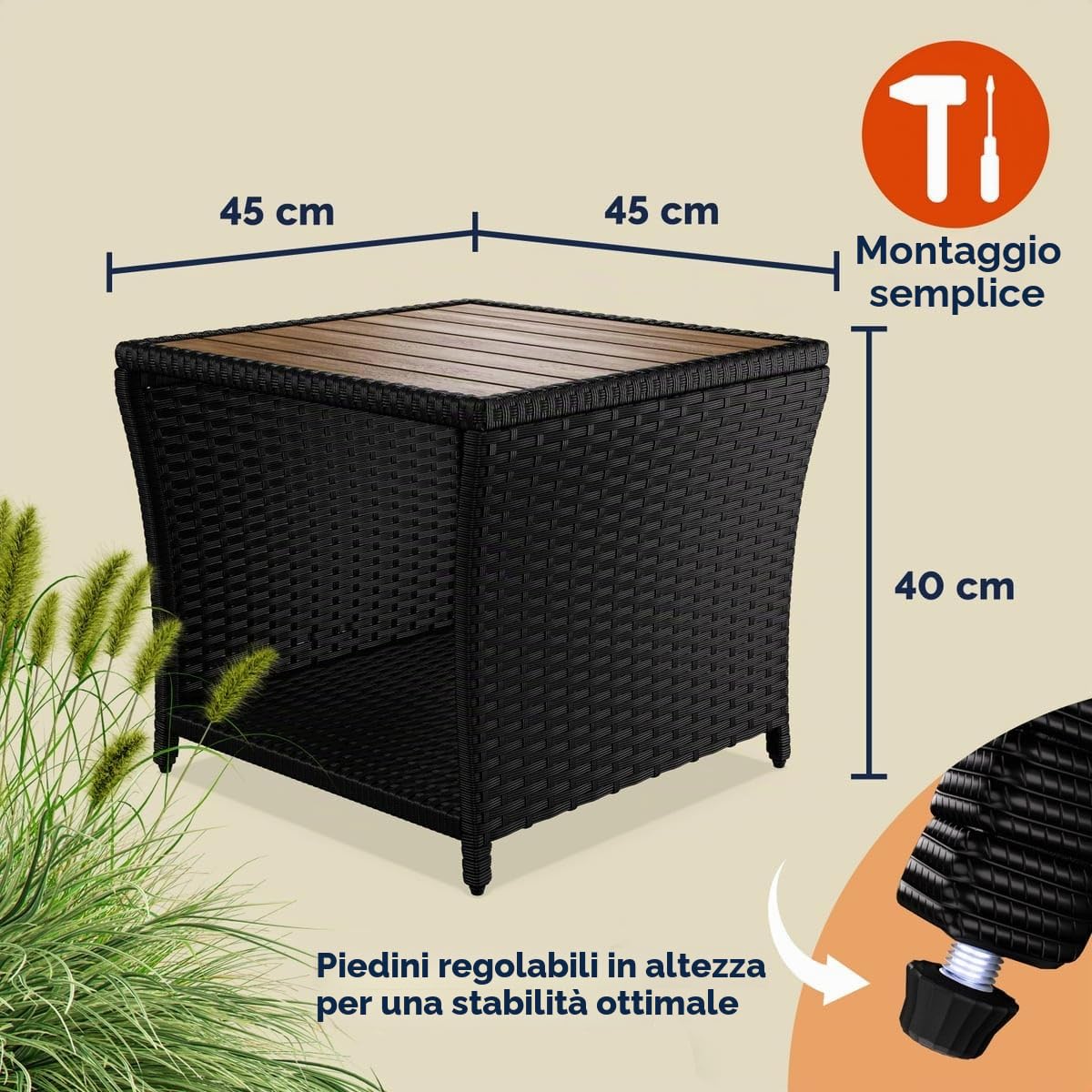 Casaria Tavolino da Esterno in Legno Polyrattan Acacia 45x45x40cm Carico Max 80kg