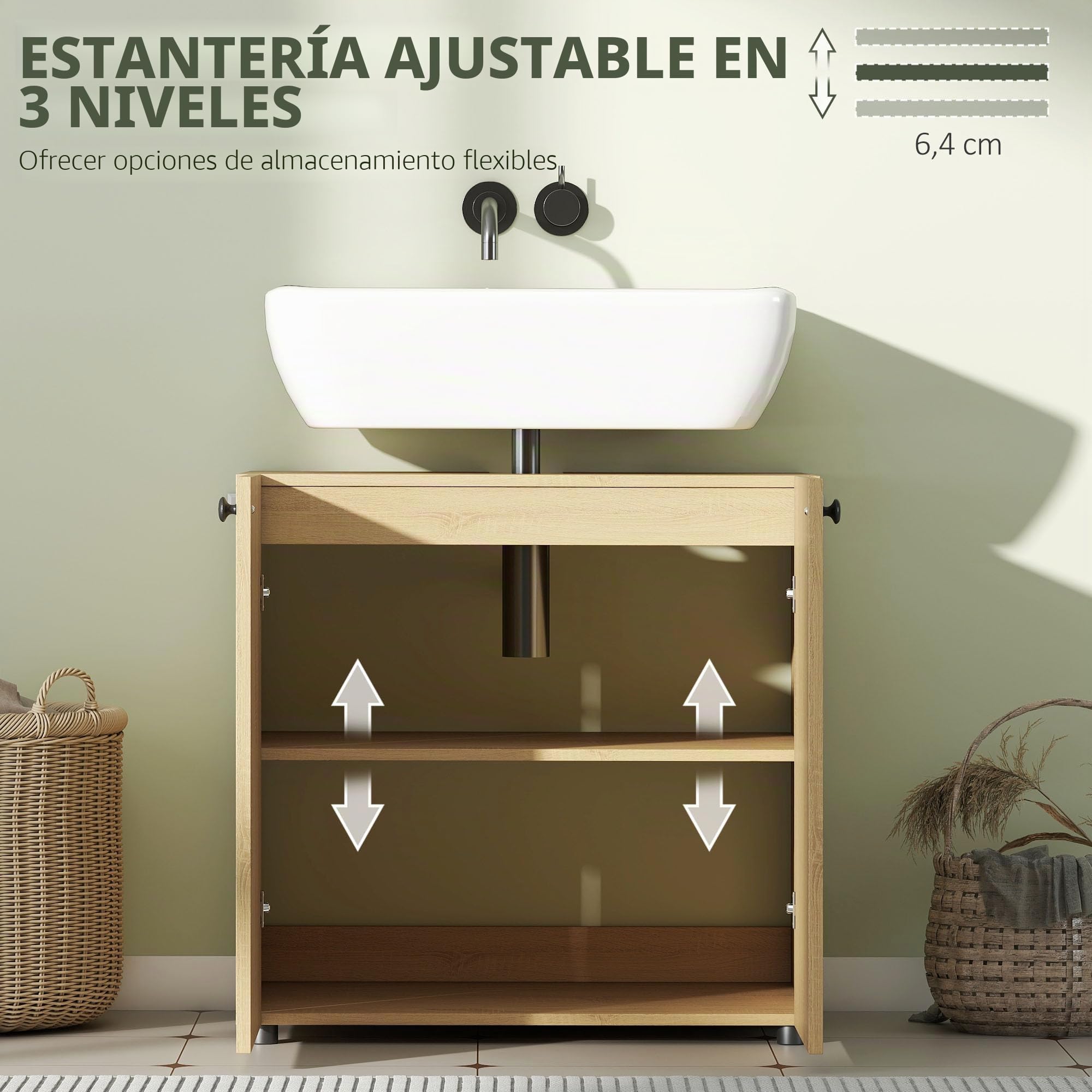 HOMCOM Mueble bajo Lavabo 2 Puertas 60x39,8x58,5cm Efecto Madera Natural | Cierre suave, estante ajustable, armario bajo lavabo para baño