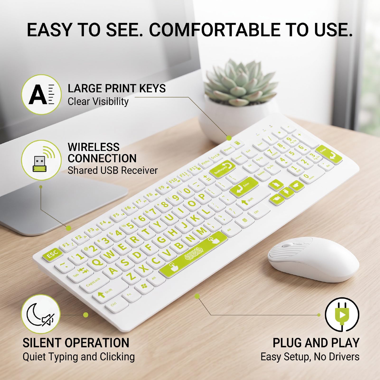 GOWENIC Teclado y Ratón Inalámbricos de Letra Grande con USB (Green)