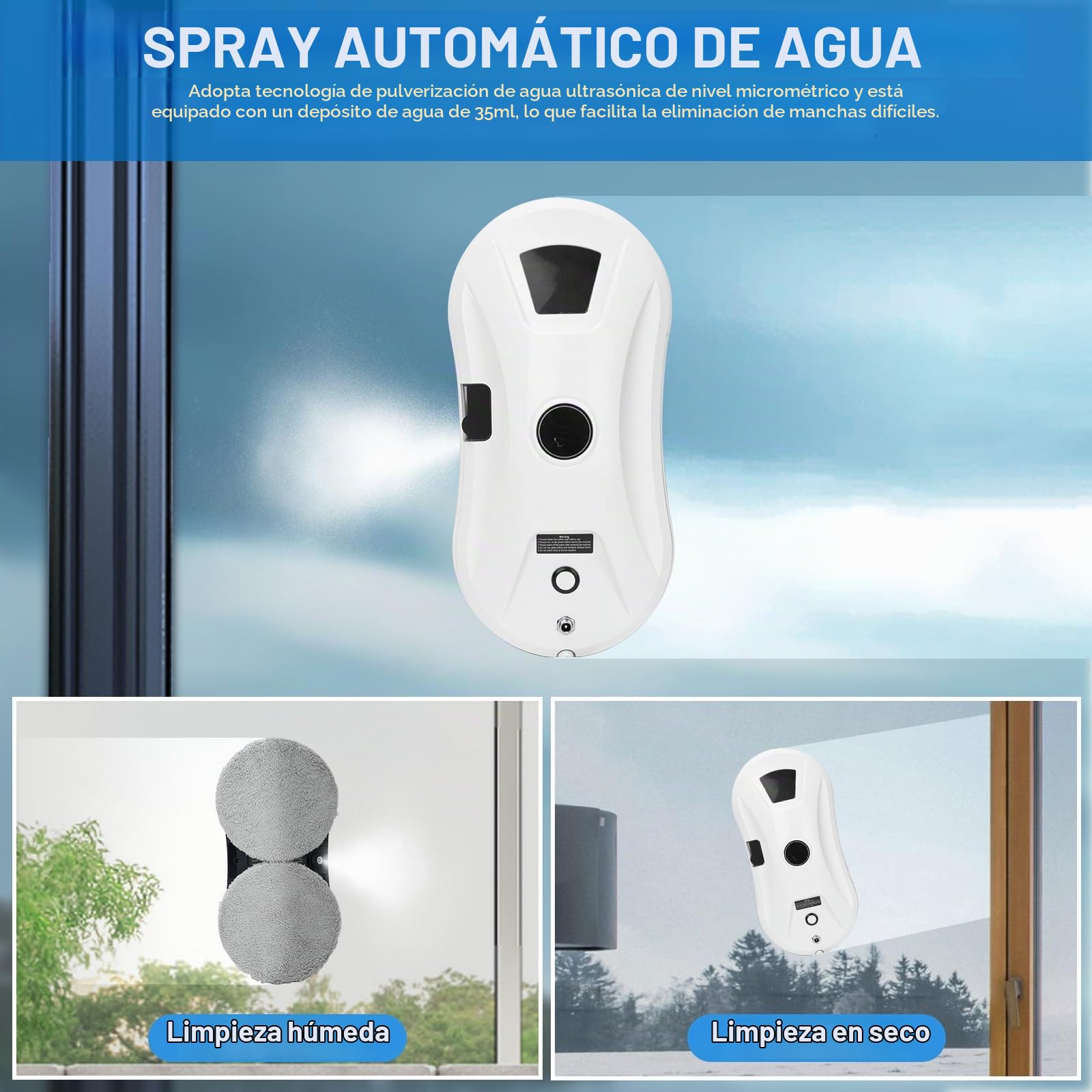 Robot Limpiacristales Automático, Rociado de Agua Automático y Planificación de Ruta, 2800 Pa Succión, Mando a Distancia, 10 Paños de Limpieza, para Ventanas Altas, Azulejos y Cristal