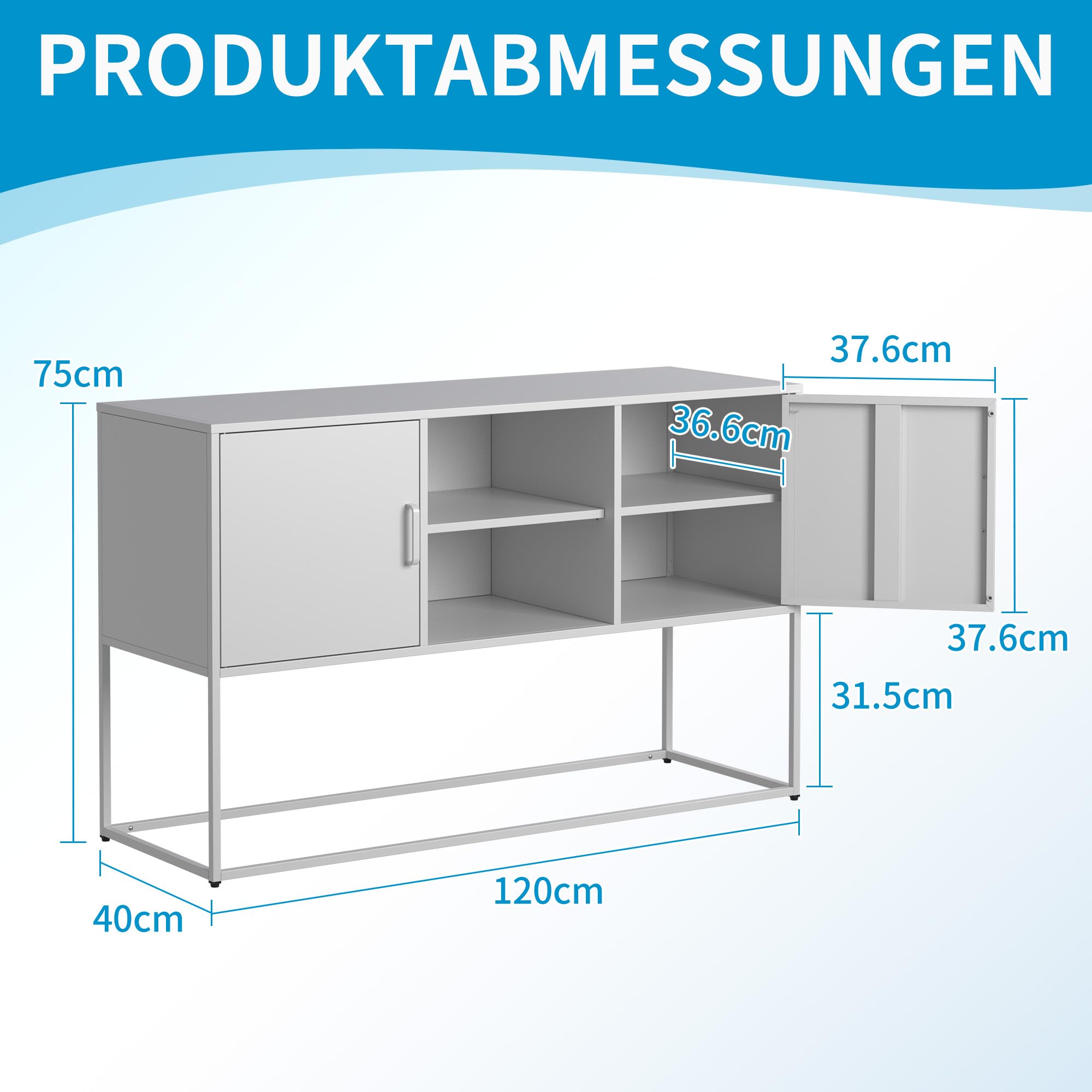 Sideboard, 120 cm Breit Küchenschrank mit 2 Beweglich Regalen, Buffetschrank mit 2 Türen und offene Lagerung, Küchenbuffet für Wohnzimmer, Küche, Flur, Anti-Kipp Design(Weiß)