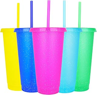 Suertestarry Plastic Tumblers with Lids and Straws Water Bottle Iced Coffee Travel Mug Cup Reusable Cups Perfect for Parties,Birthdays, 24oz-5 Pack (Sparkling Glitter)