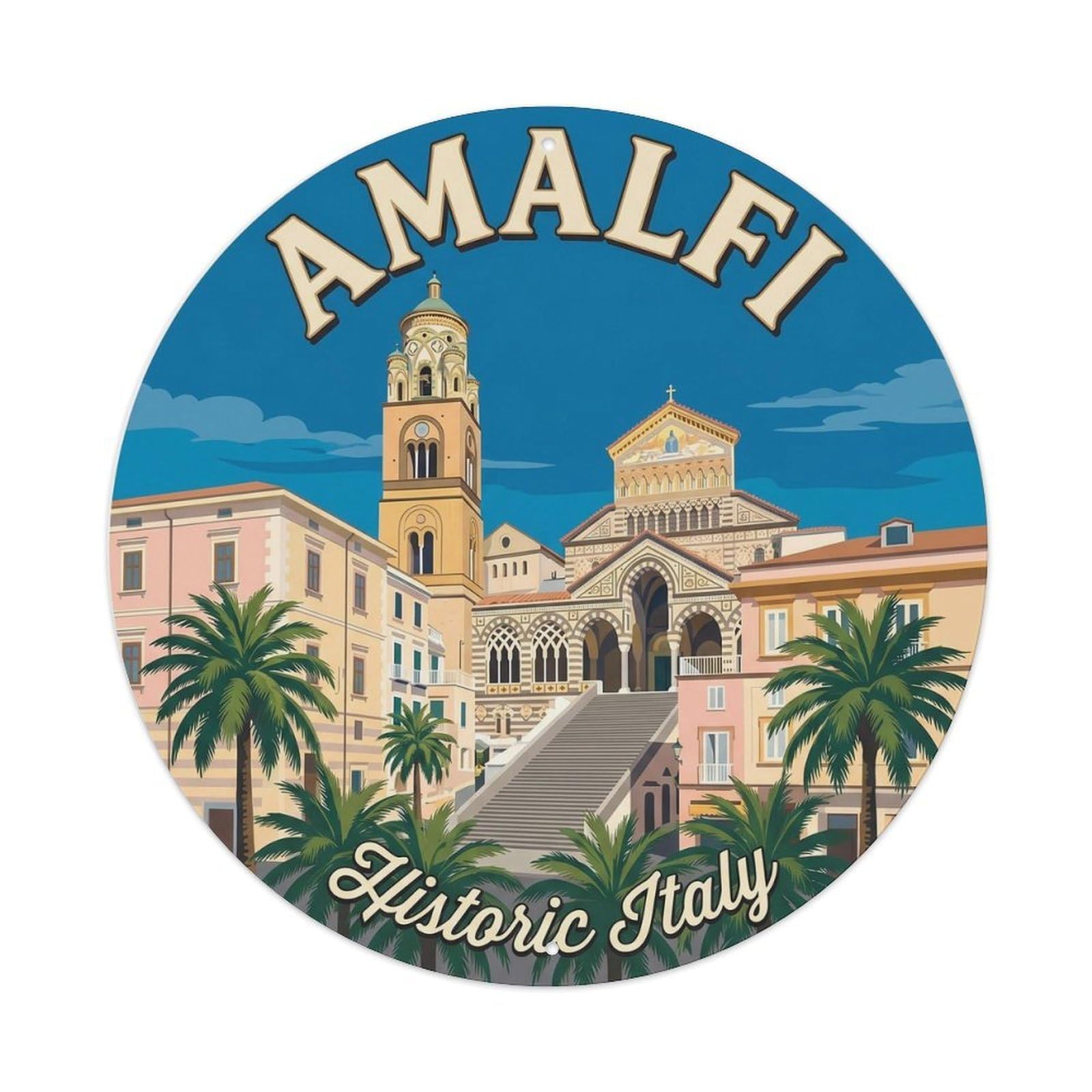 Italian Seaside Cathedral Landmark Heritage Classic Travel Metal Tin Sign Plaque Wall Decor for Cafe, Man Cave, Club Bar, Office, Home Garden Round Metal Poster 8x8Inch