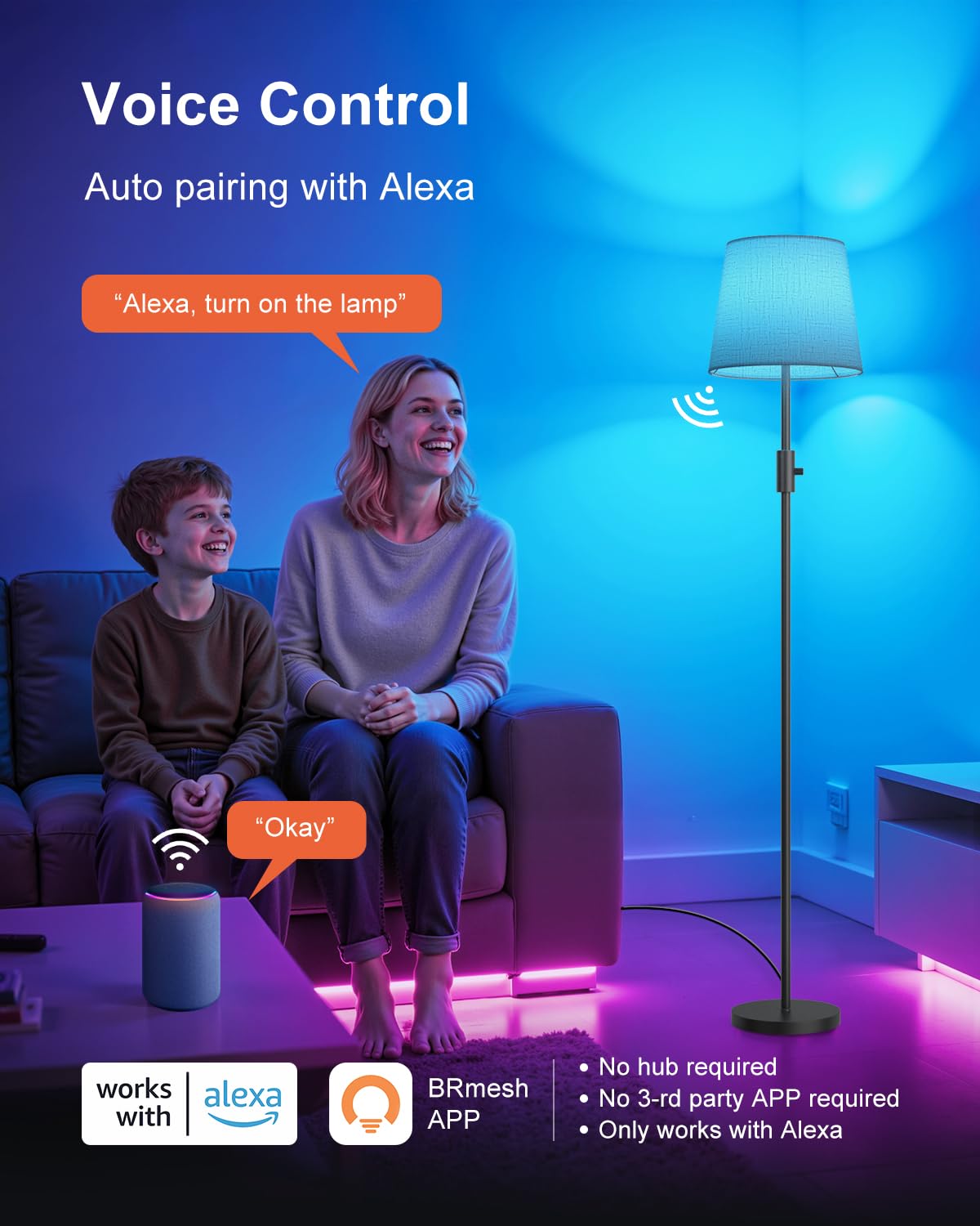 DUSKTEC Smart Alexa Floor Lamp for Living Room RGB Colour Changing, Dimmable Standing Lamp Warm & Cold White - Image 2