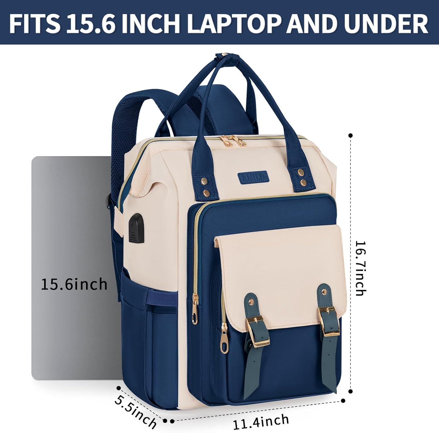 ANILD Travel Laptop Backpack for Women, 15.6 Inch Work Backpack with USB Charging and Port Luggage Strap, Airline Approved Business Work Bag for Nurse College Teacher
