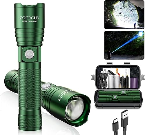 Miniatura 10 de Linterna recargable de alto lúmenes, paquete de 2 pequeñas y potentes linternas LED de mano superbrillantes, tipo C, funciona con pilas, luz táctica