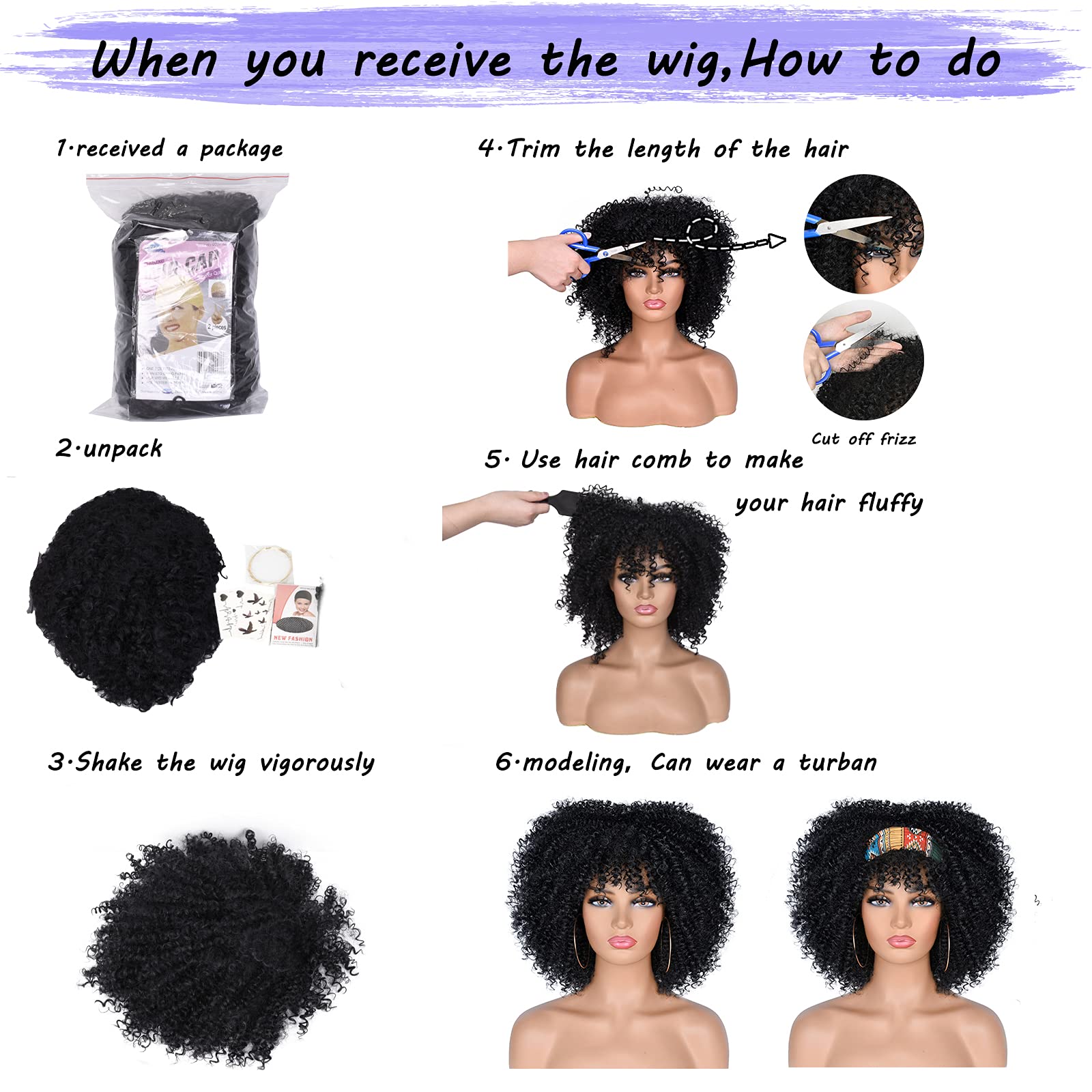 CoCrowns 10Inch Short Curly Afro Wigs with Bangs Bomb Afro Kinky Curly Wig for Black Women Synthetic Fiber Full Wig (Black) - Image 4