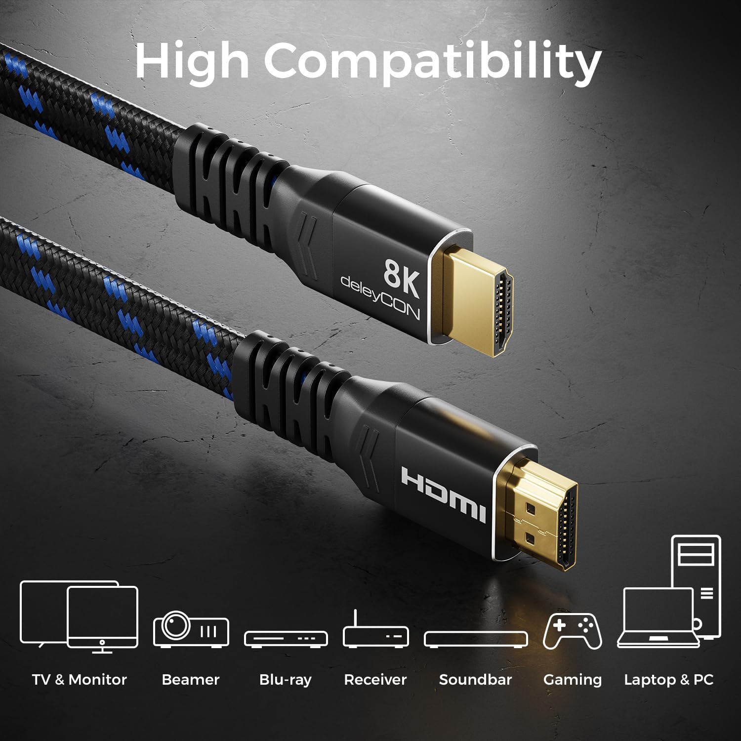 deleyCON 2m Câble HDMI 2.1 8K Plat - pour TV, Moniteur, PS4, PS5, Xbox, Barre de son Dolby Atmos EARC, HDR10+ VRR - 48Gbps Câble Ultra High Speed - 10K/8K@60Hz, 4K@120Hz/144Hz, 2K@240Hz