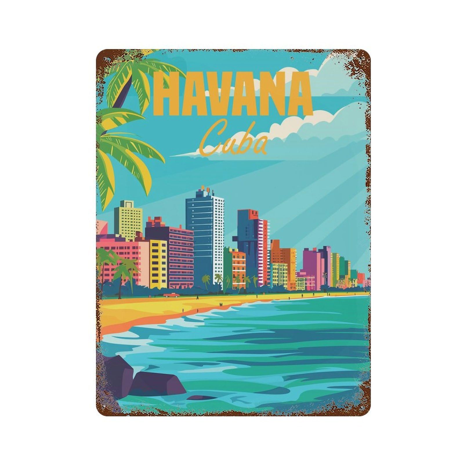 Havana Cuba Minimal 15.7"x11.8" Rusty Metal Tin Sign, Shabby Chic Decor for Bistro, Counter And Cafe Decor