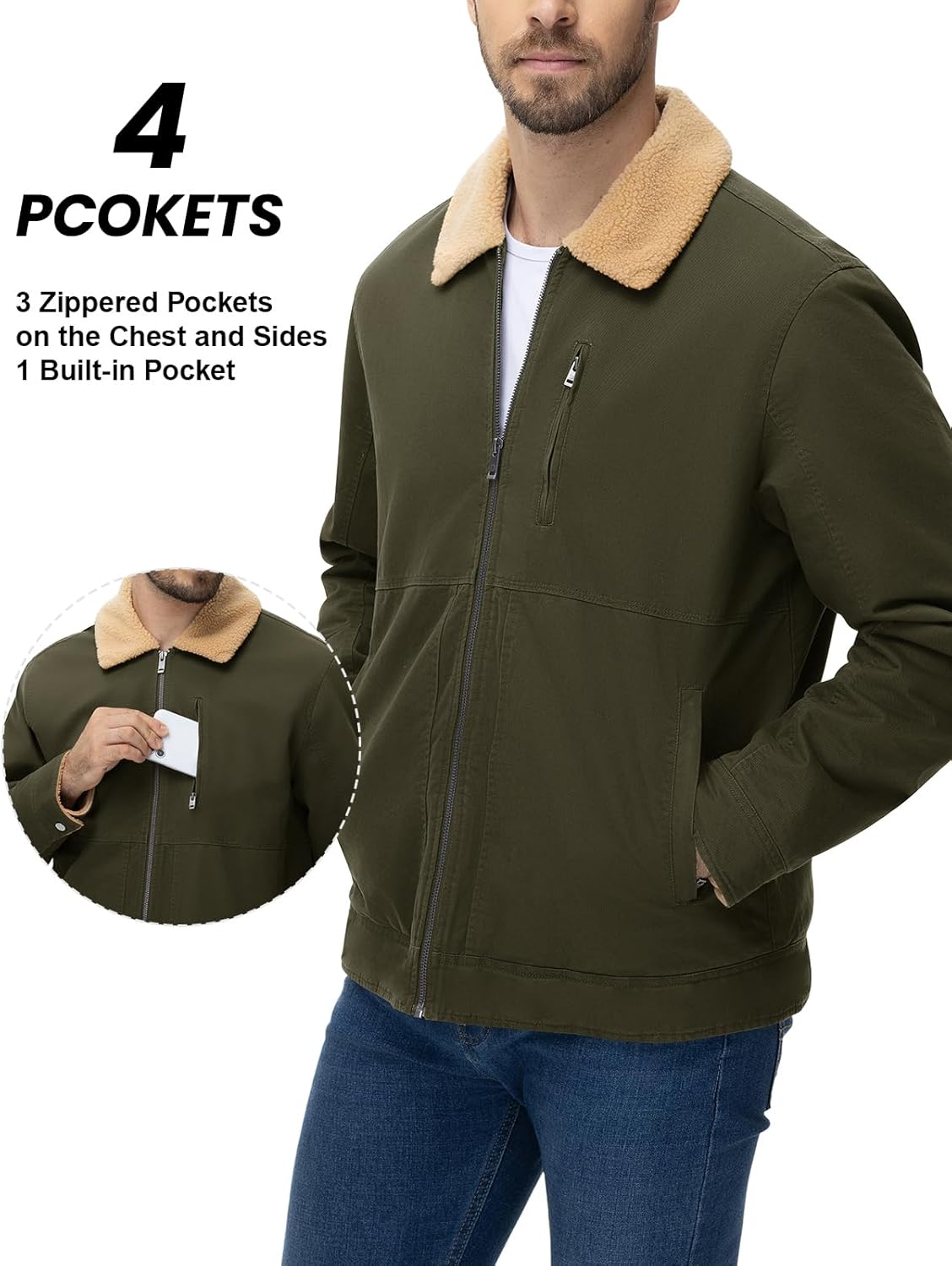 TBMPOY Men's Winter Jacket Thick Sherpa Fleece Lined Cotton Full Zip Warm Cargo Zipper Pockets Trucker Work Thermal - Image 4