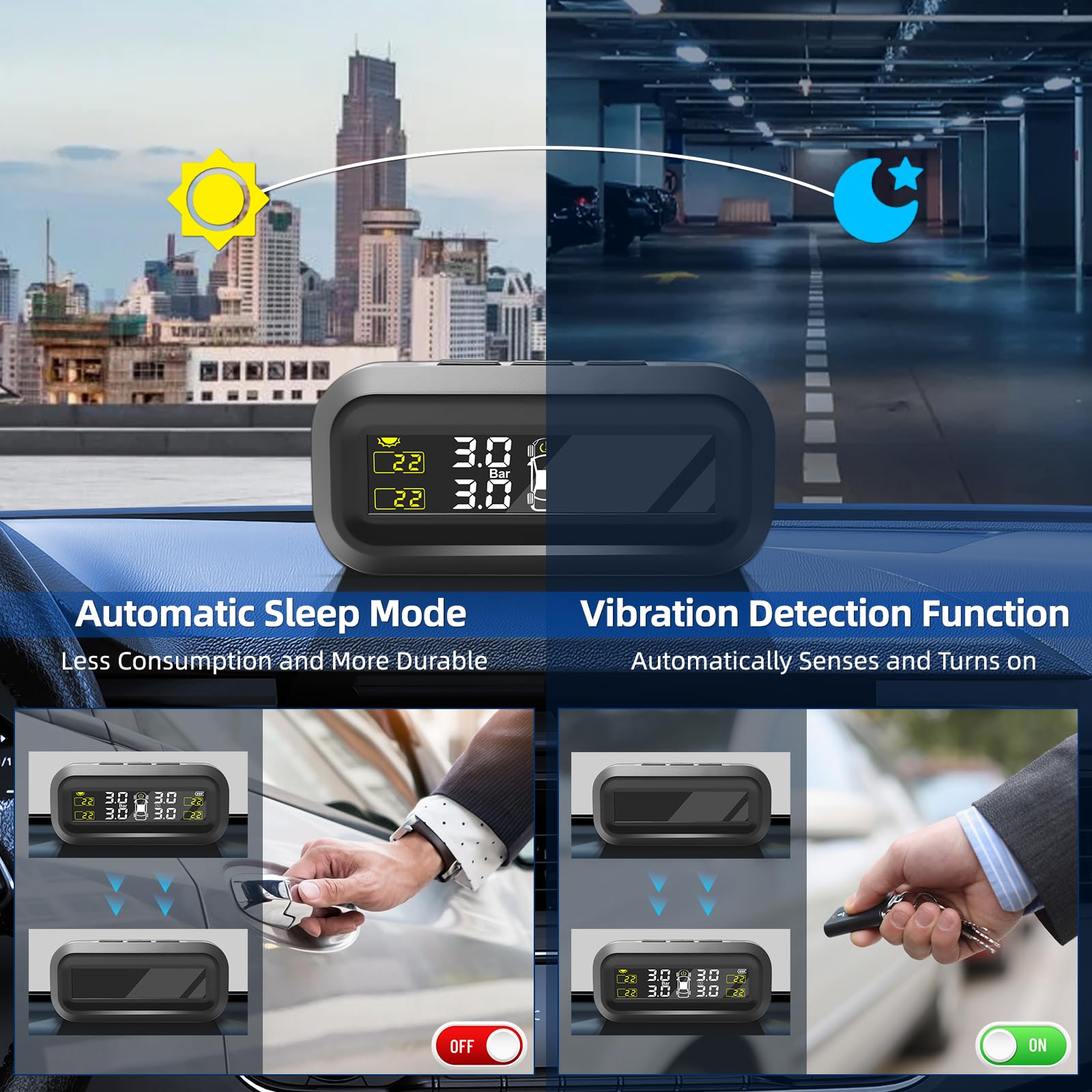 KAOLALI TPMS - Sistema de Control de Presión de Neumáticos 0-50 PSI, Fijación al Parabrisas, Carga Solar, Sistema de Control de Presión de Neumáticos con 4 Sensores Externos