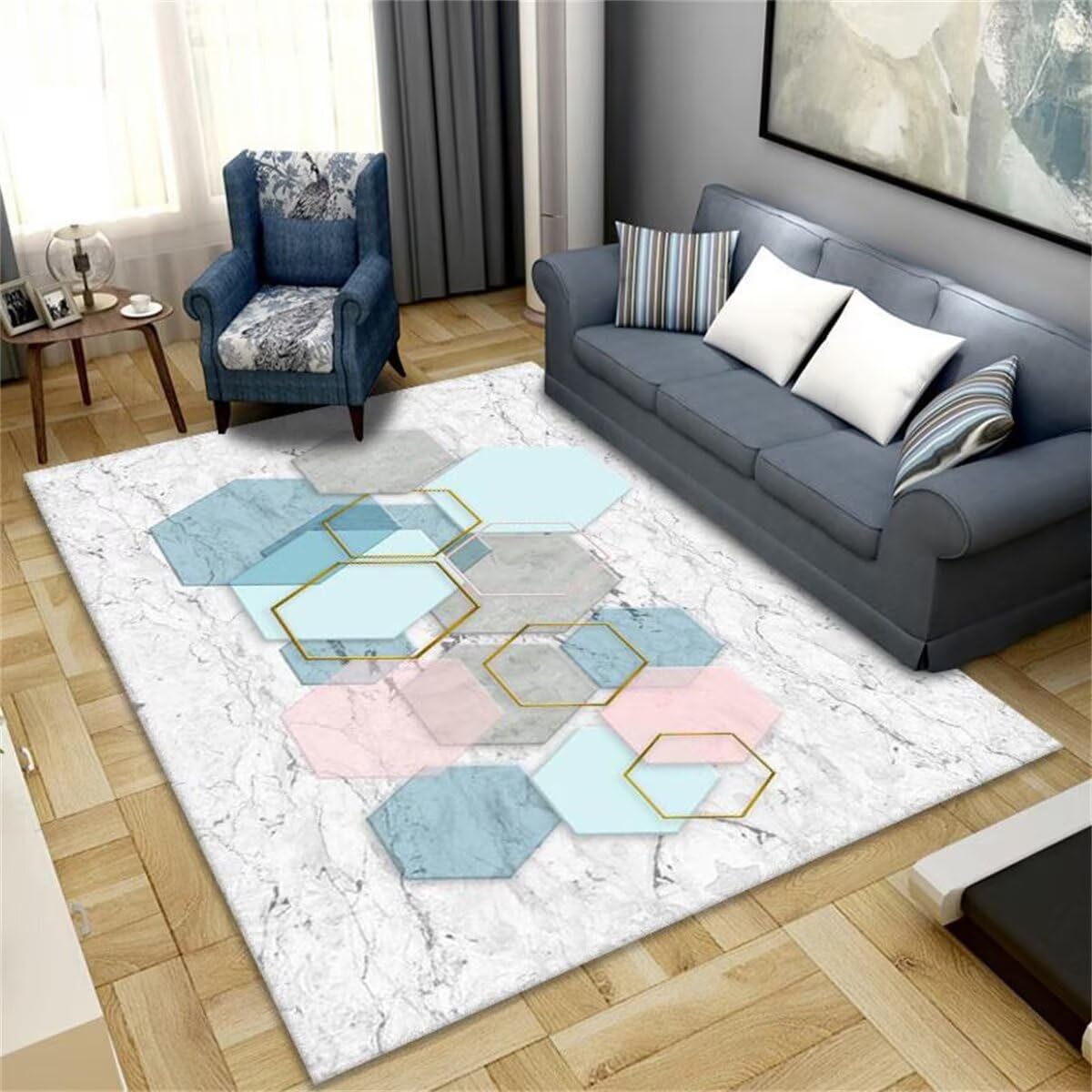 Tapis de canapé lavable antidérapant texture marbre rose bleu 60x90cm