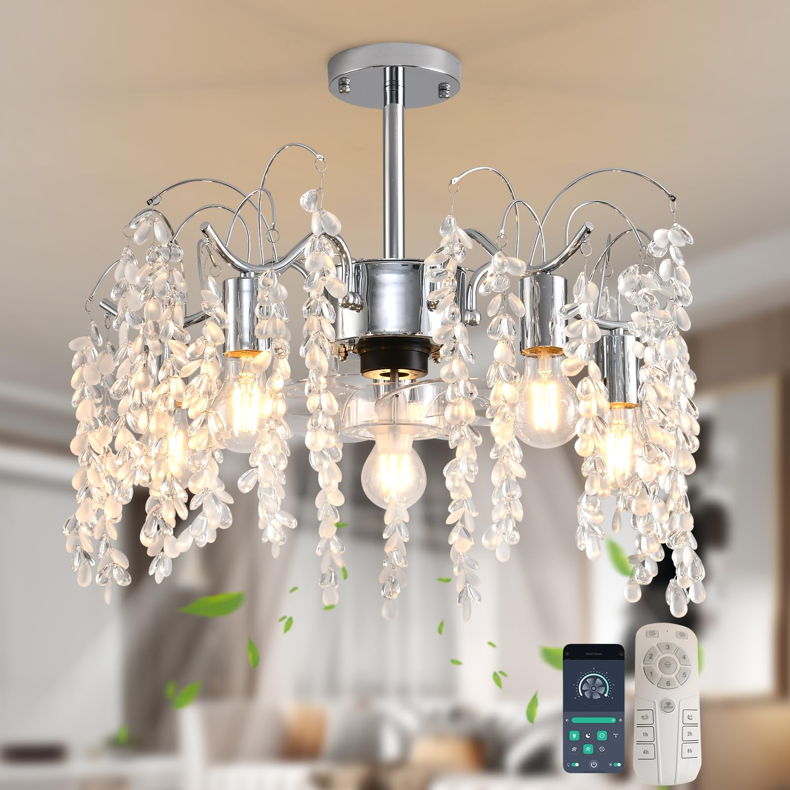 Photo 1 of Garwarm 20in Ceiling Fans with Lights,Modern Fandelier Ceiling Fan with Light and Remote,Bladeless Crystals Chandelier Ceiling Fan for Bedroom Kitchen Living Room(6 Speed, Timing)-Chrome