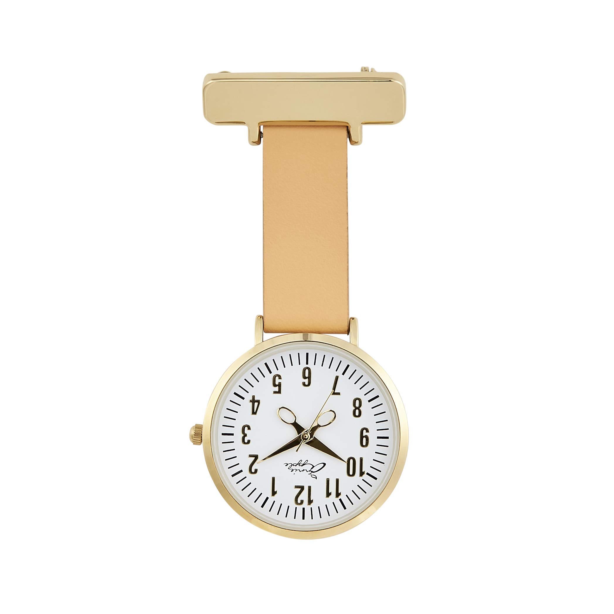 Annie Apple AA37 Montre gousset avec bracelet en cuir brun clair, cadran blanc et aiguilles, aiguilles ciseaux, infirmière, esth