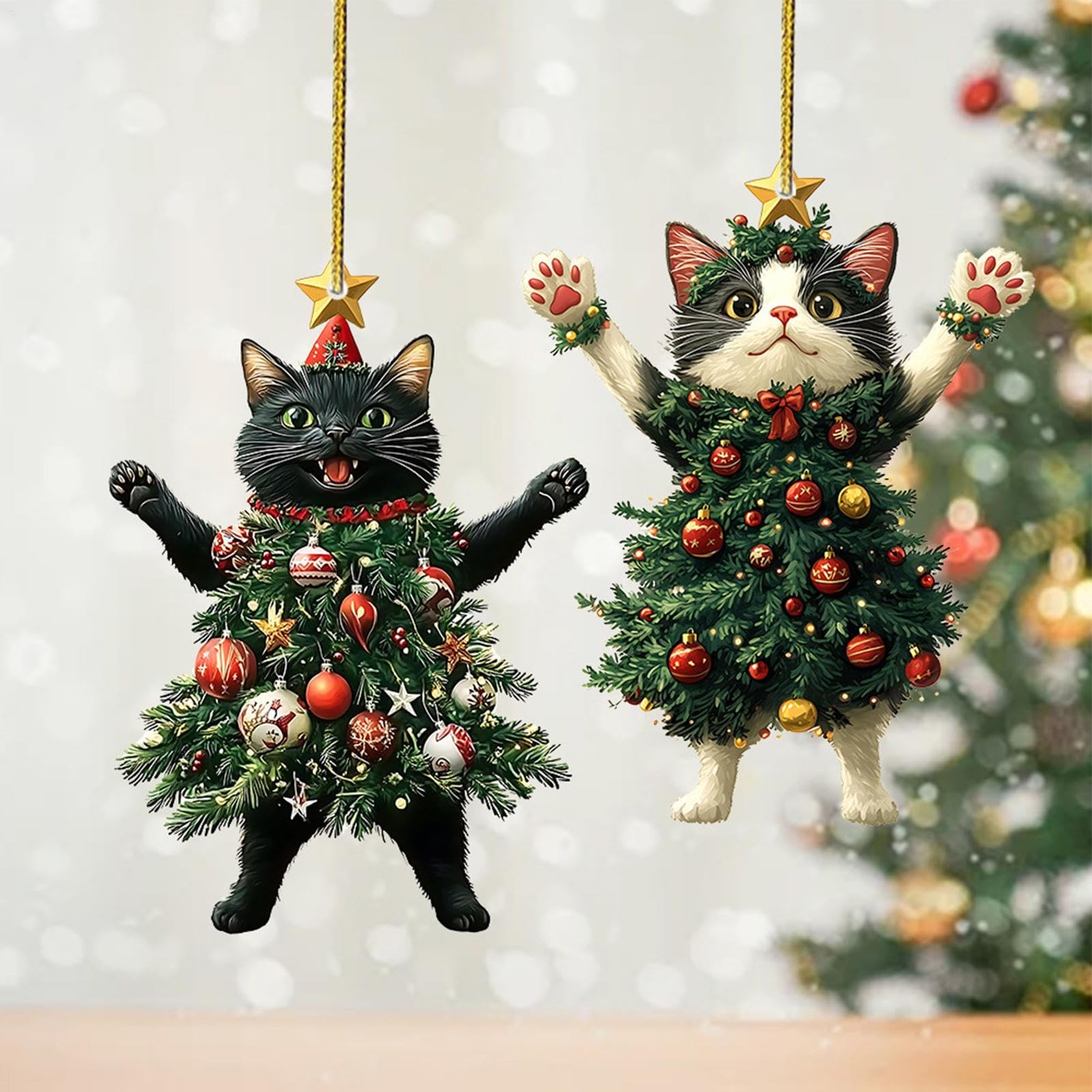 5 Stück Katzenschmuck Für Den Weihnachtsbaum Katzen Deko Weihnachtsbaum Deko 2D-Anhänger Mit Baumelndem Kätzchen Für Den Urlaub,Realistische Dekorationen Für Partygeschenke,Weihnachtsbaum,Fenster