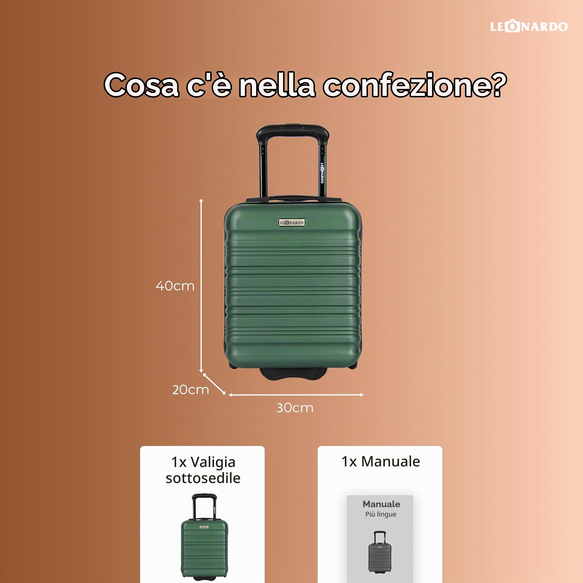 Leonardo® Valigia da Cabina Mini | Trolley Rigido 14 Pollici con Doppie Ruote | Valigia 25 Litri con Manico Trolley e Serratura | Materiale ABS Leggero | Bagaglio a Mano | 20x30x40 cm | Verde
