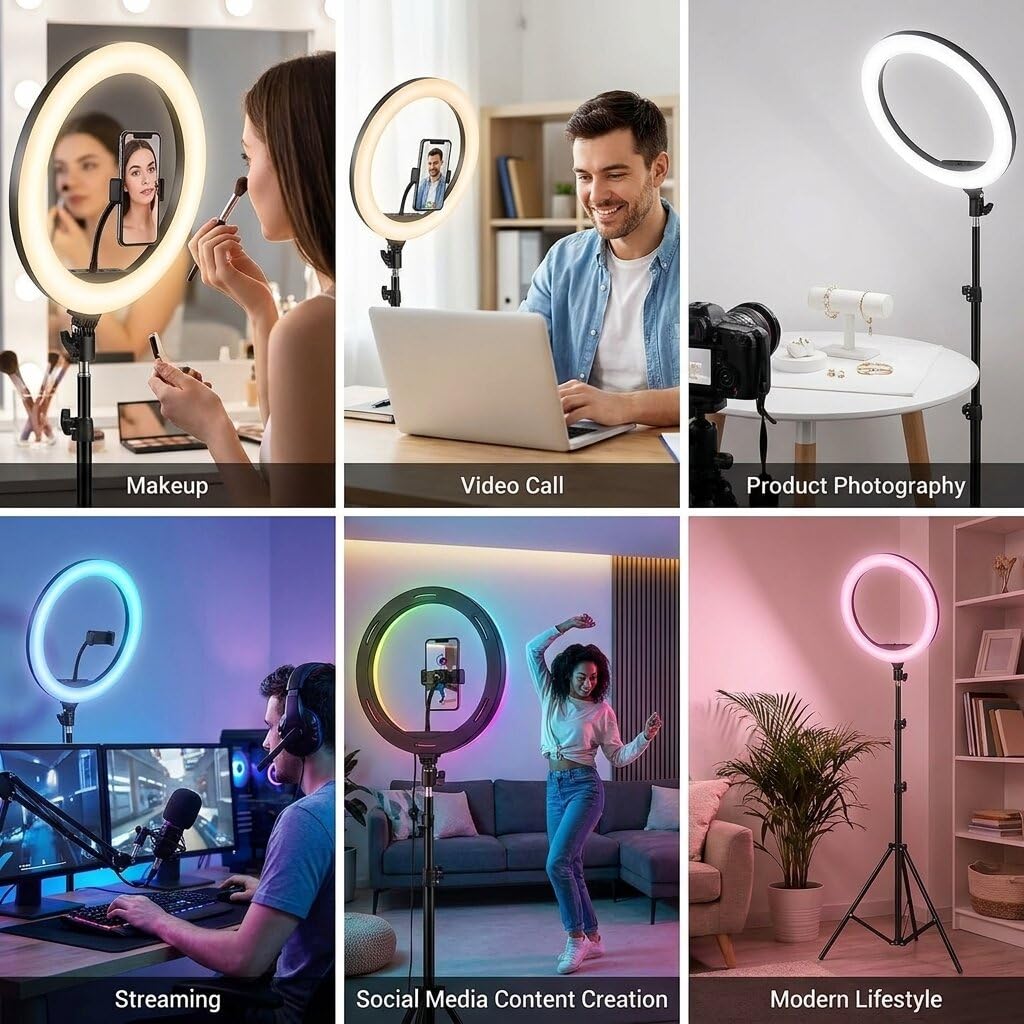 Luméon 36 cm RGB Ringlicht mit Stativ – 14 Zoll LED Fotolicht mit 39 Farben & Effekten, inkl. Fernbedienung & 2 Handyhalterungen für TikTok & YouTube
