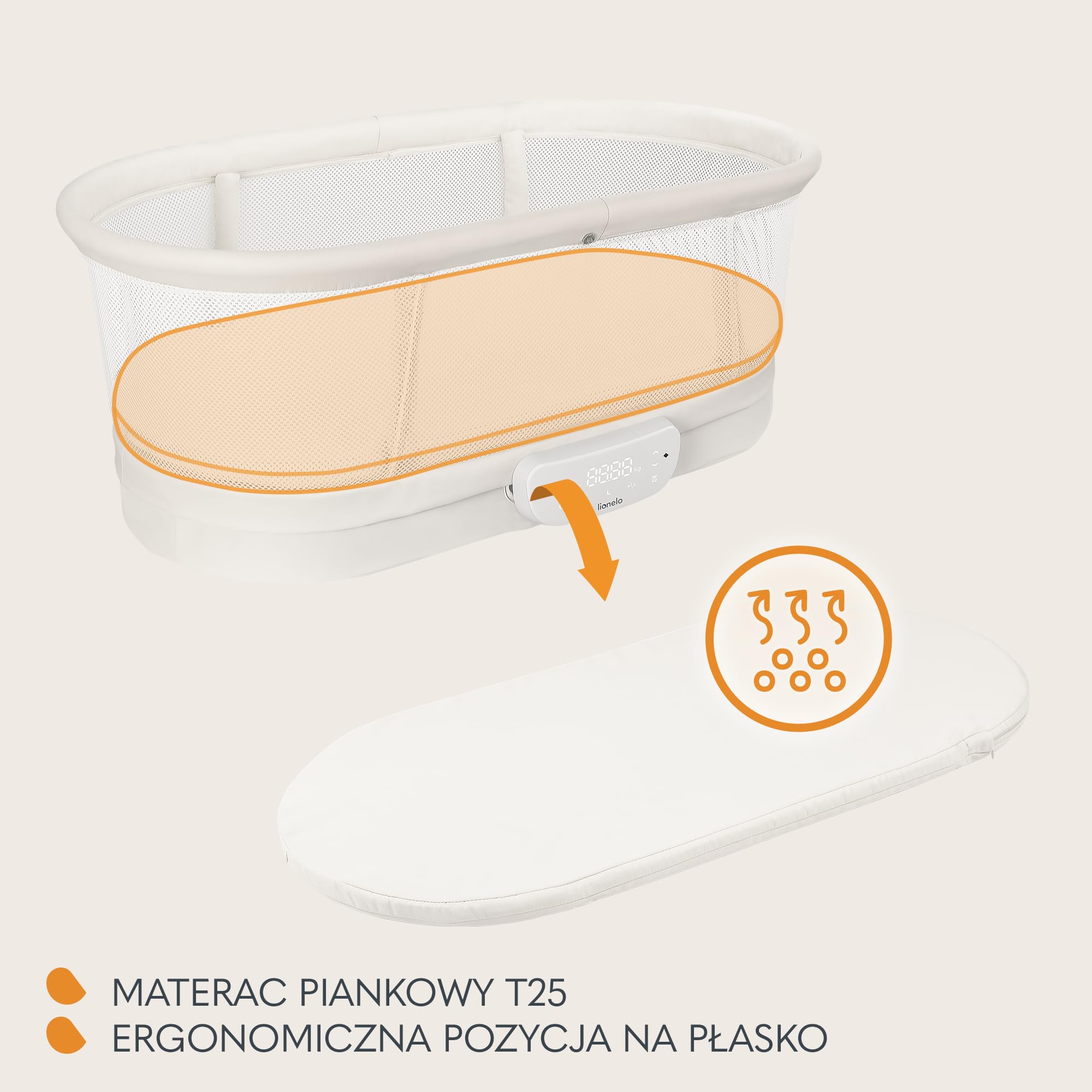 LIONELO CORAL 3 W 1 Łóżeczko Dziecięce do 9 kg, Kołyska, Waga Dziecięca, 5 Prędkości Bujania, 12 Melodii 4 Kółka Ergonomiczny Materac Timer Pilot Moskitiera | 5 prędkości kojącej huśtawki, timer, materac T25, standardowy z kółkami, moskitiera, pilot zdaln