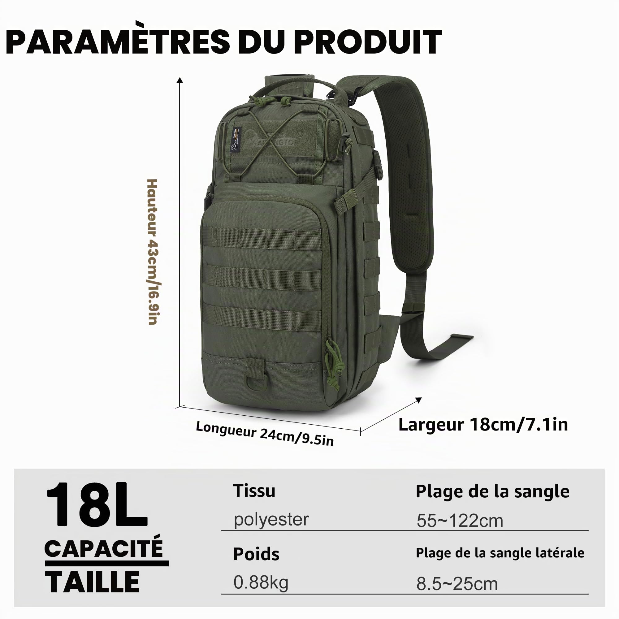 Mardingtop Sac à dos de randonnée tactique de 18 l avec bretelles amovibles pour l'extérieur, le camping, les voyages, le trekking, le travail