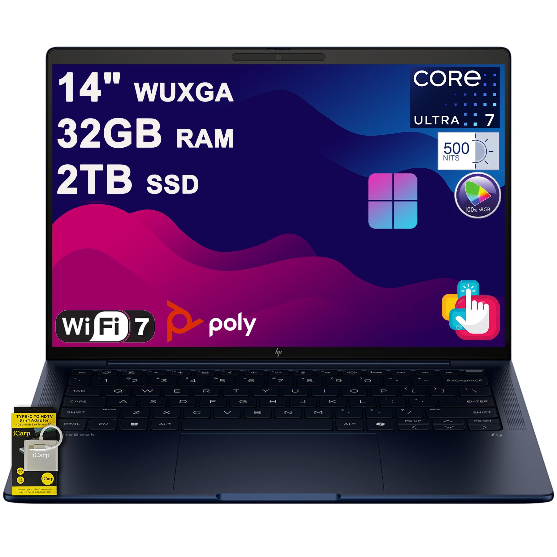 HP EliteBook X G1i Laptop 14" WUXGA Touchscreen (500nits 100% sRGB) Intel 8-core Ultra 7 258V (NPU Up to 47 Tops) 32GB DDR5 2TB SSD for Designer