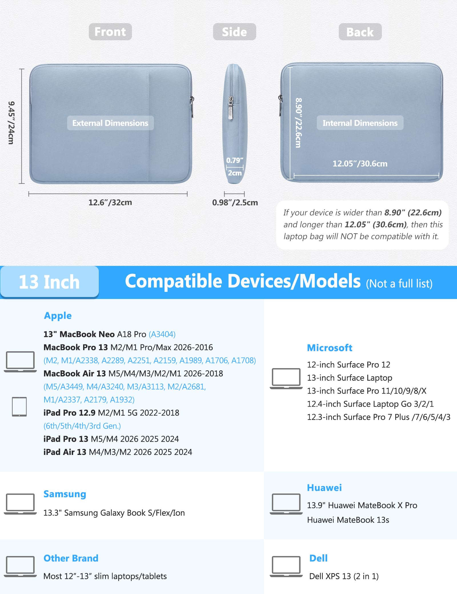 HYZUO 13 Pollici Custodia Borsa per Portatile per MacBook Air 13 M5/M4/M3/M2/M1 2026-2018, 13" MacBook Neo 2026, MacBook Pro 13 M2/M1 2026-2016, iPad Pro/Air 13, XPS 13, Surface Pro, Blu Pallido