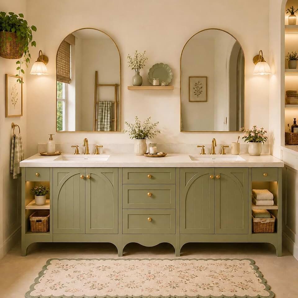 96 IN Freestanding Double Bathroom Vanity with Sinks & Arched Mirrors
