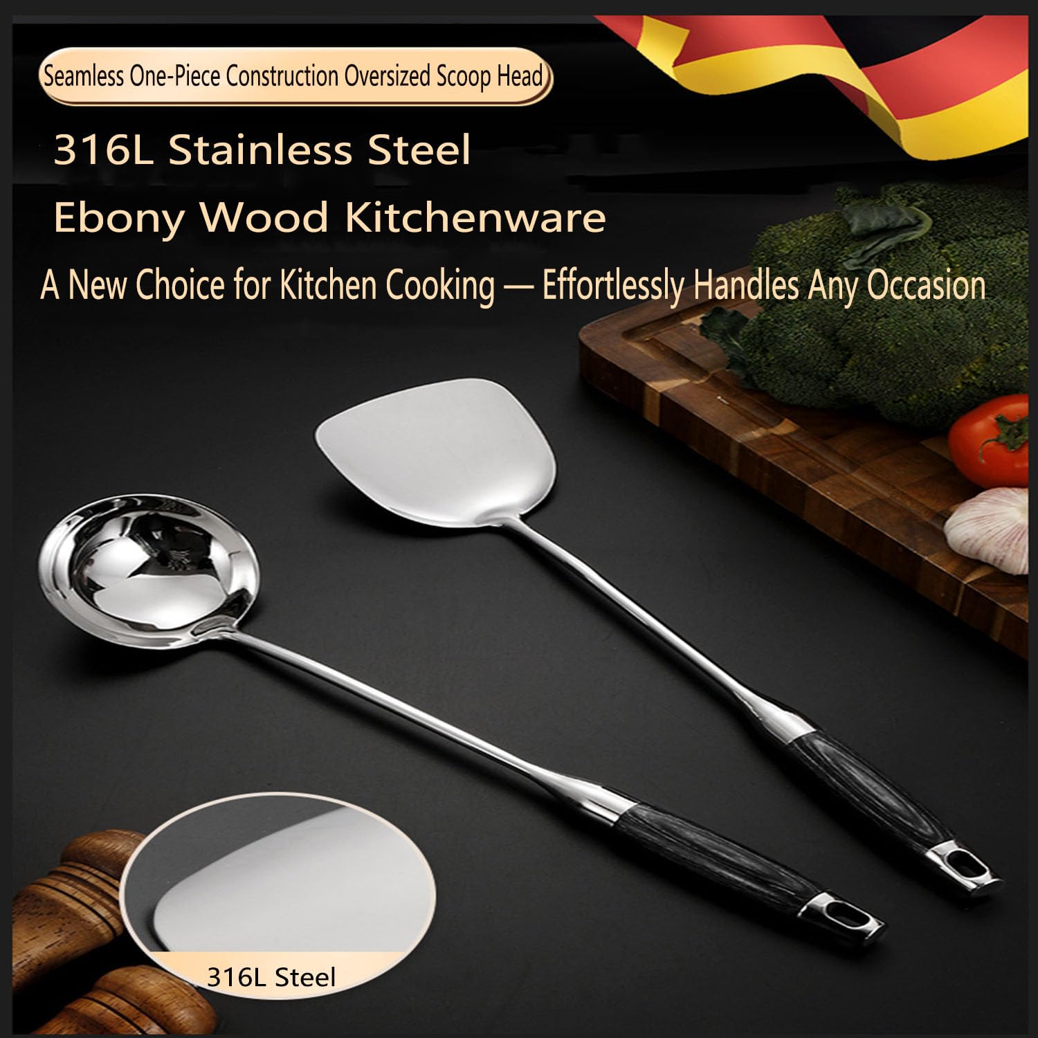 Küchenhelfer-Set, 7-teiliges Kochbesteck-Set Aus Edelstahl Mit Halter Inkl. Wender, Pfannenwender, Löffel, Pastalöffel, Suppenkelle Und Servierlöffel Silver,One Size