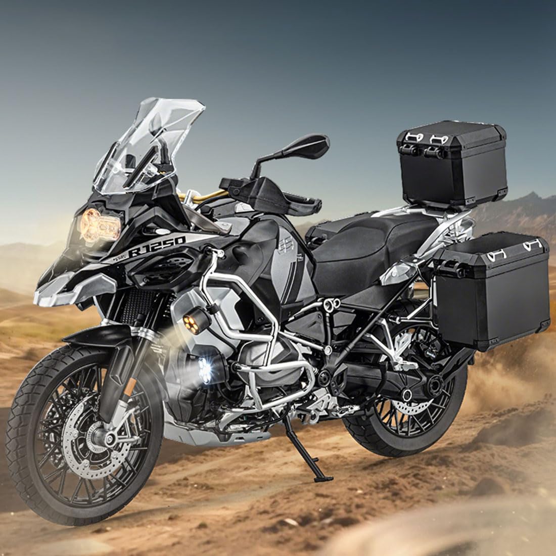 Modèle de moto RC Adventure R1250GS Noir à l'échelle 1/6, moto en alliage 1:6 avec son, lumière et pulvérisation, kits de modèles de moto à l'échelle 1/6 pour collectionneurs