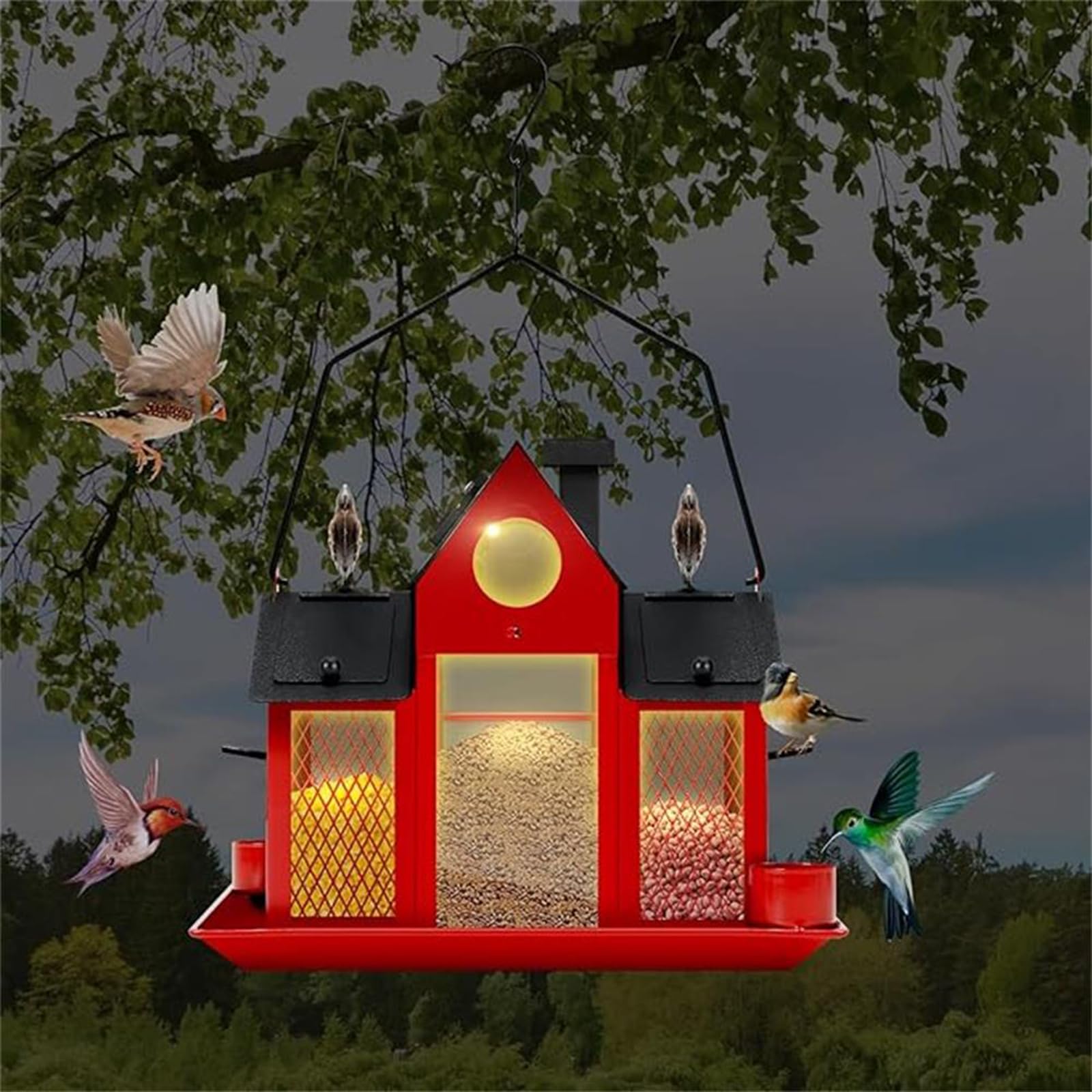 Comedero para pájaros de gran capacidad para exteriores con doble jaula de sebo con energía solar, comedero para pájaros silvestres para atraer varios pinzones de pájaros