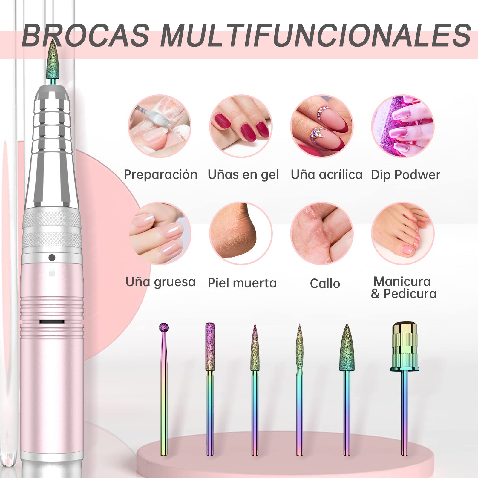 Kredioo Torno para Uñas Profesional 35000 RPM, Lima Electrica, Pulidor, Limador, Manicura y Pedicura Electrico, Fresa Portátil, Kit 6 Fresas, LED Tátil, Quitar Acrílico Gel/ Esmalte/ Callos, Rosa