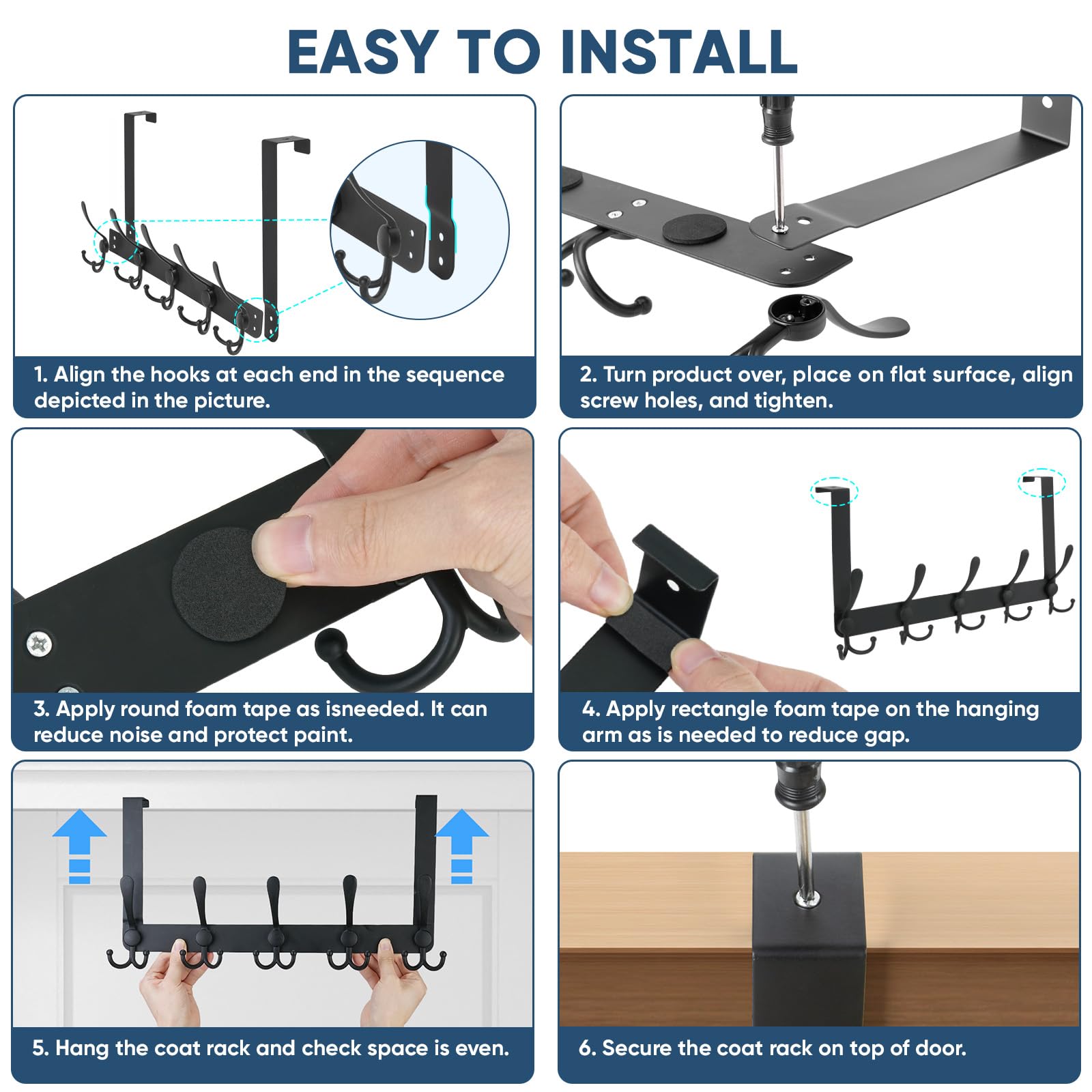 TICONN Ganchos para colgar sobre la puerta, 5 percheros resistentes de metal para chaquetas, sombreros, toallas, bolsas en el baño, dormitorio, dormitorio (negro, 2 unidades)