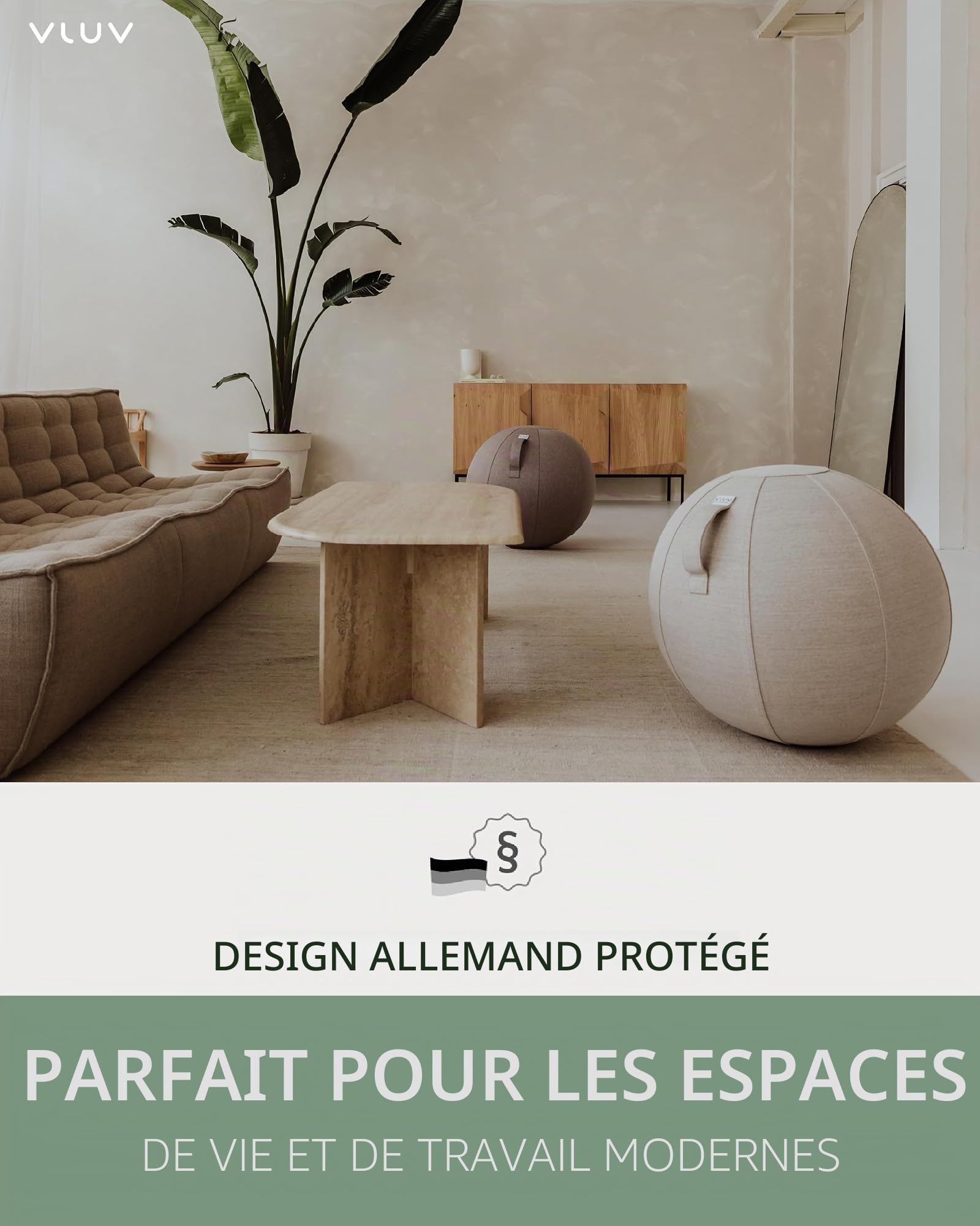 VLUV Ballon-siège STOV, siège Ergonomique, Couleur: Greige (Gris), Ø 70cm - 75cm, Tissu d’ameublement de qualité supérieure, Robuste et indéformable avec Une poignée de Transport