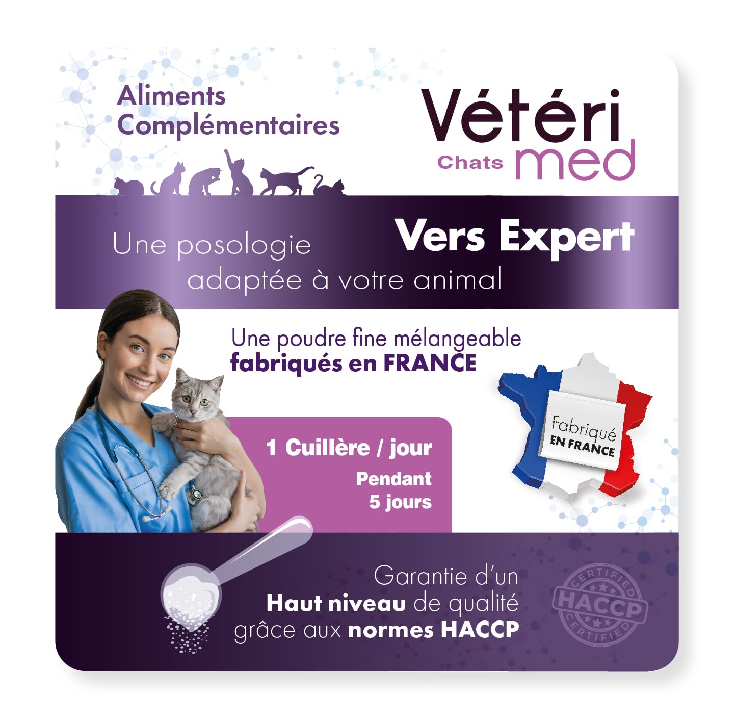 Desparasitante para Gatos Vétérimed, Higiene intestinal y Bienestar General, Fabricado en Francia, Polvo Natural