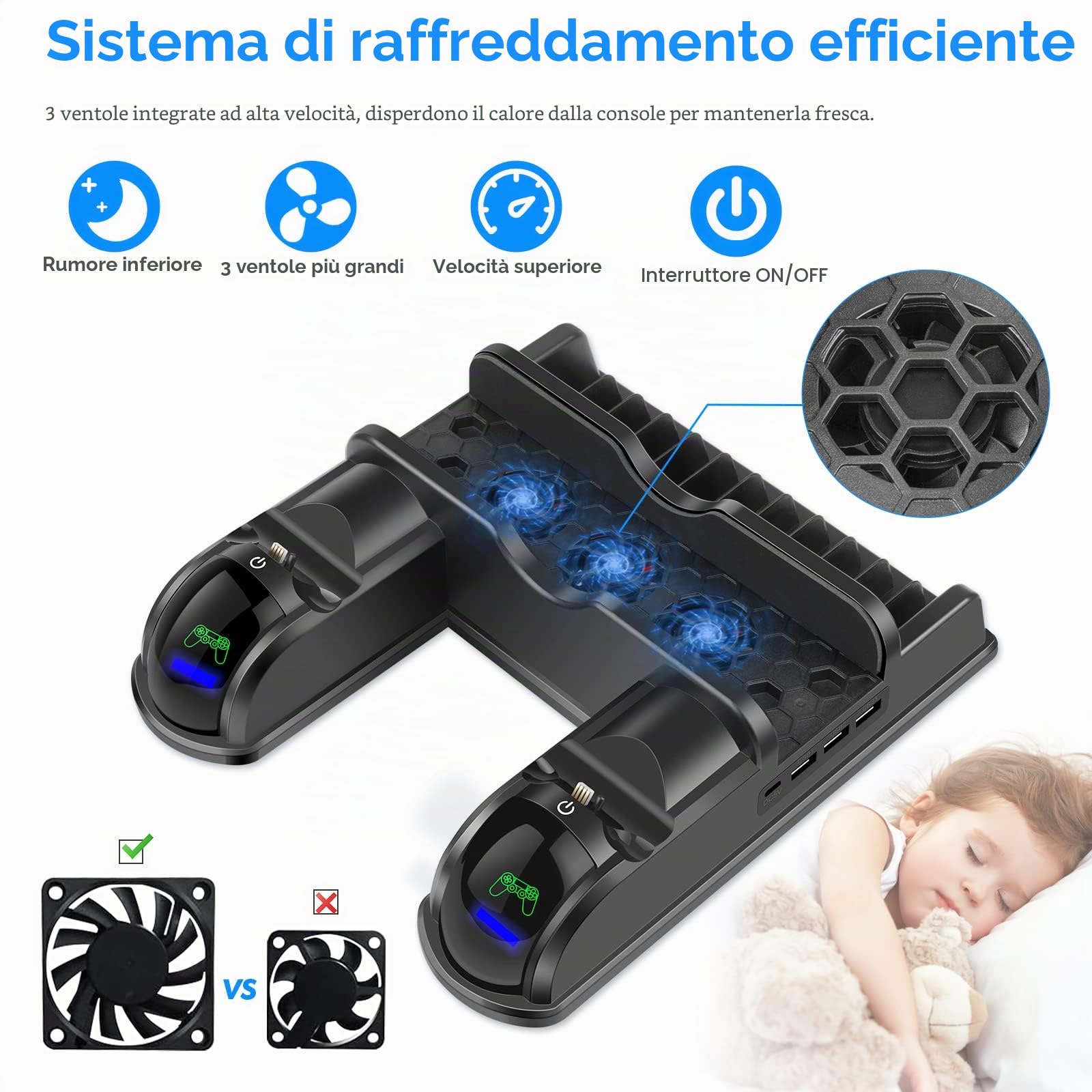 Labtec Supporto PS4 con ventola di raffreddamento e stazione di ricarica doppio controller per Playstation 4/Slim/Pro, 12 slot di gioco, accessori