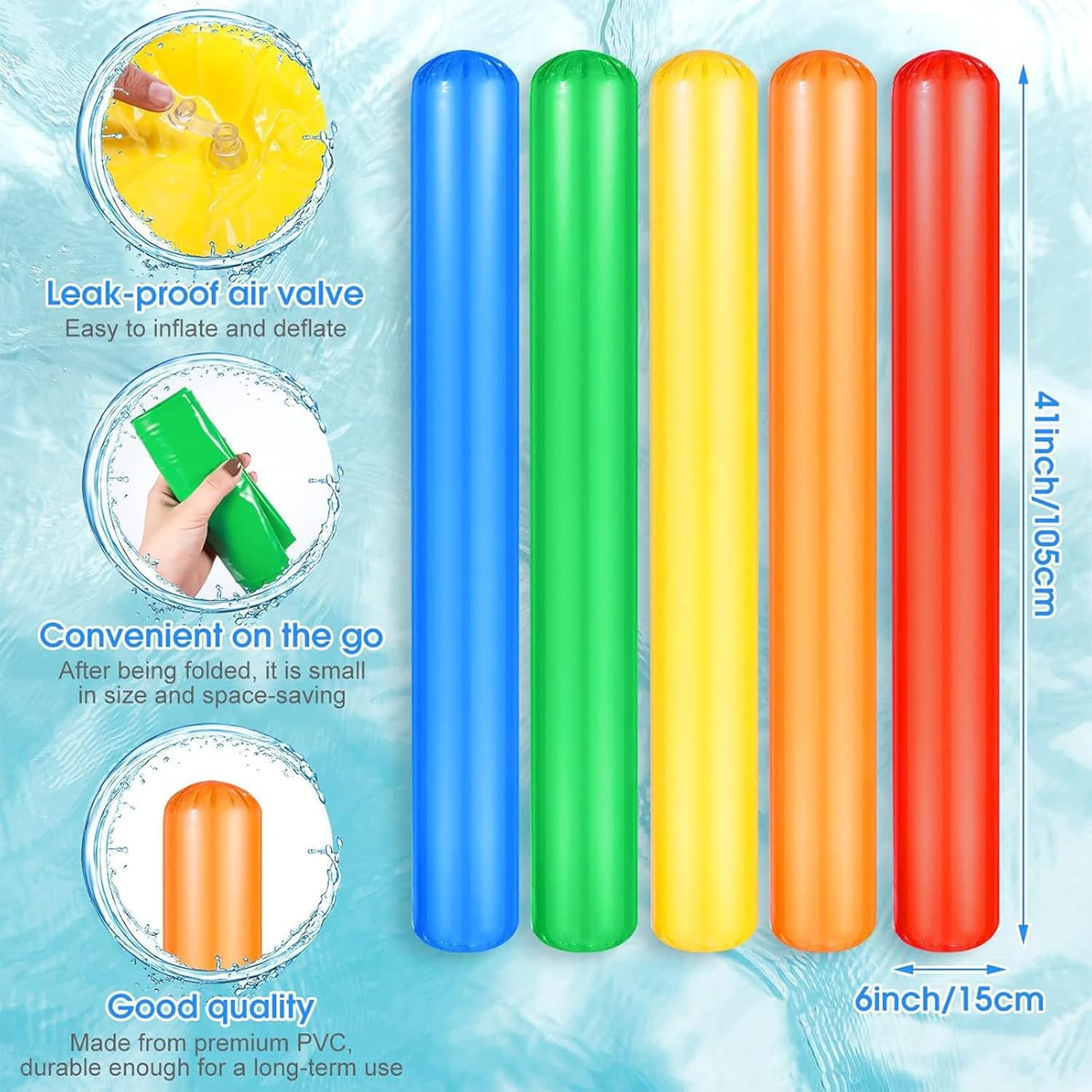 Inflatable Pool Noodle - 5 Piece Swimming Float Stick Set with Pump, Portable Water Float for Adults & Kids, Durable PVC Floating Stick for Lake, Beach, Travel & Outdoor Water Sports