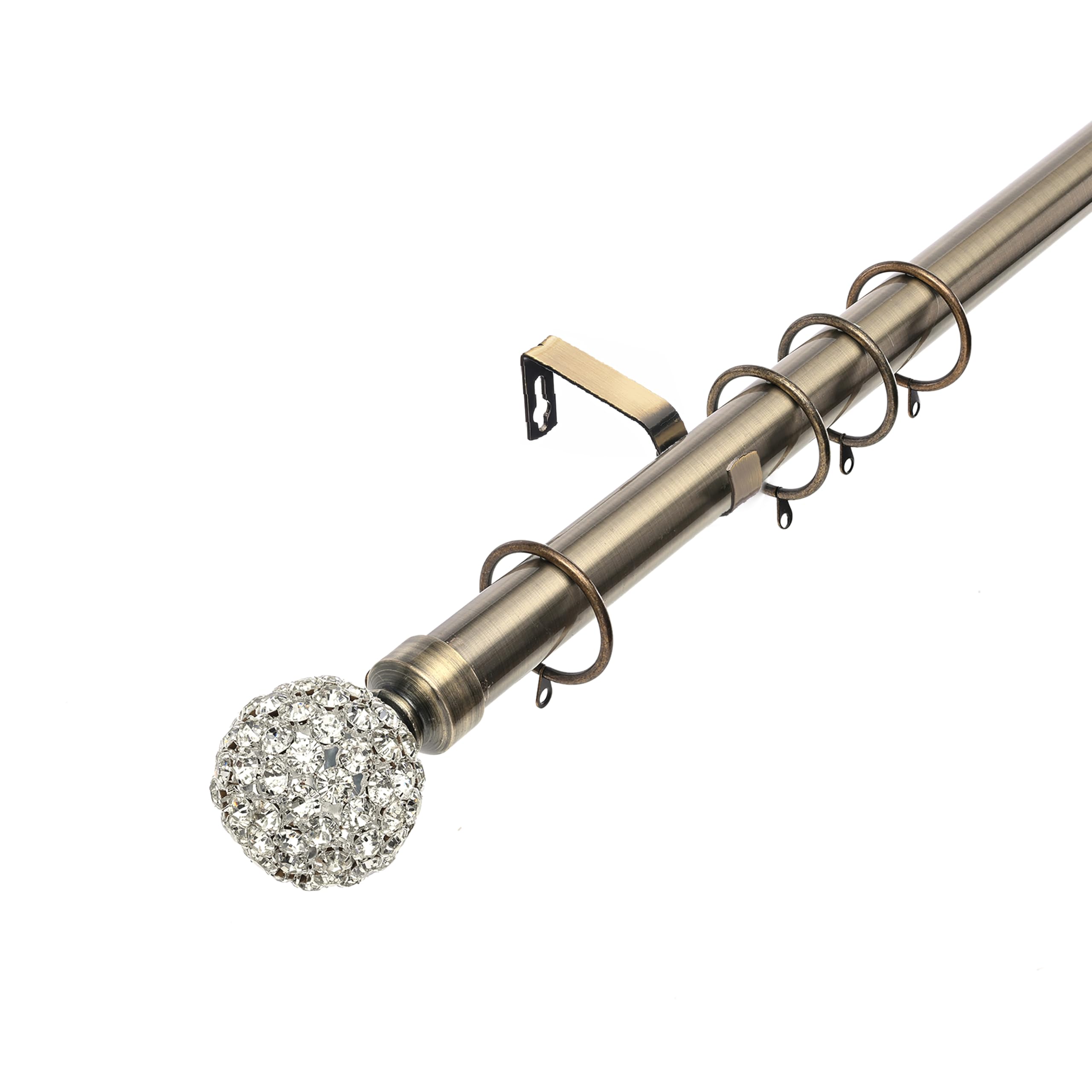 Lister Cartwright 28mm Antique Brass Adjustable Telescopic Extendable Metal Curtain Pole Set Rings with Diamante Ball Finial Voile Easy fit to Outdoor, Bedroom, Living Room ((210-320 cm)