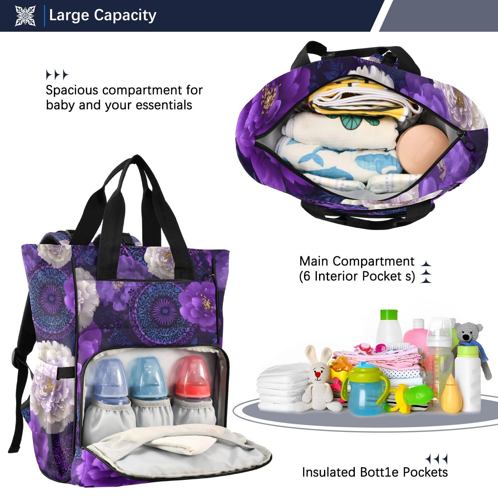 Mochila para pañales para bebé, multifunción, con bolsillos aislados, diseño de flores blancas y moradas, Patrón de flores blancas y moradas, Talla única