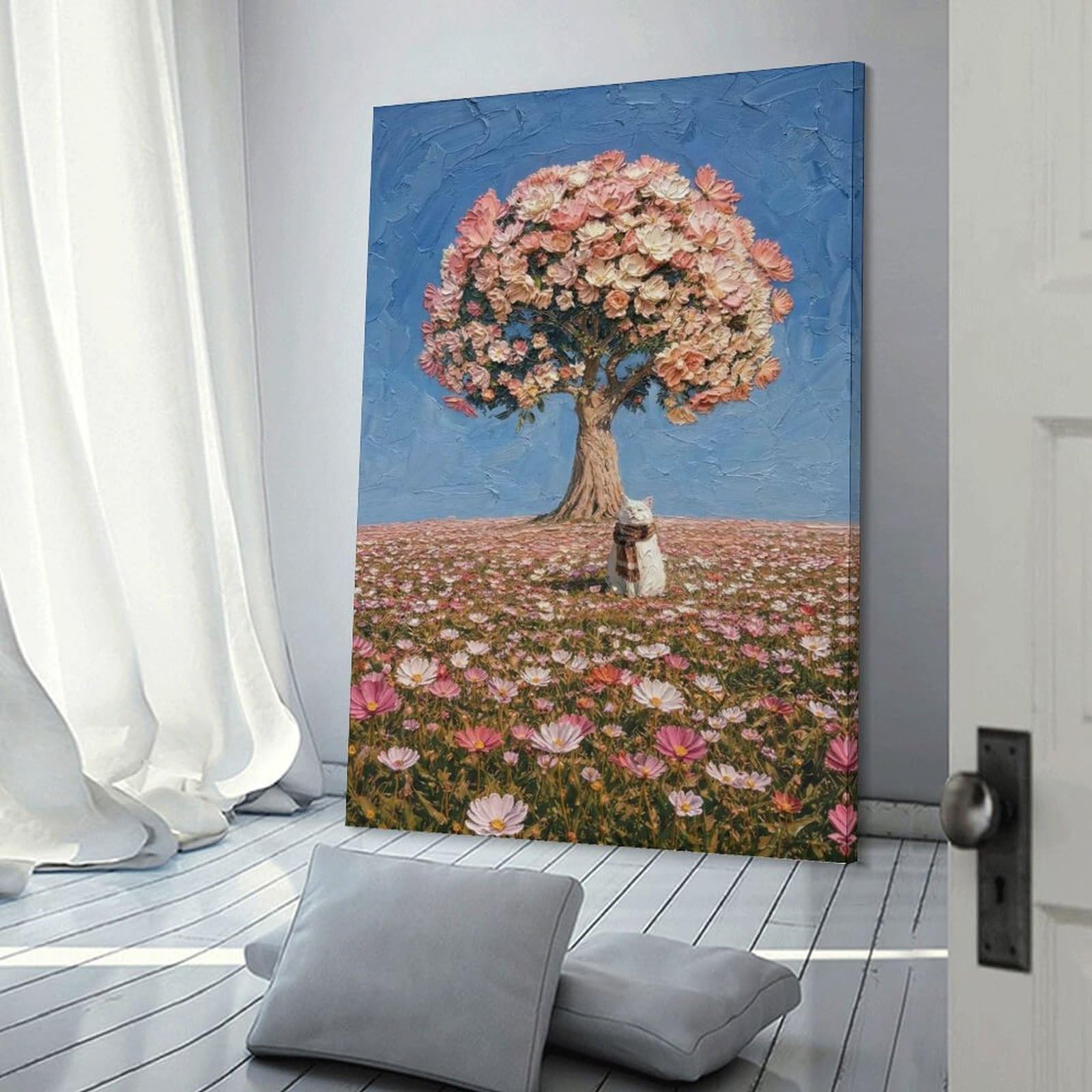Junmoney Canvas Wall Decor Cat in A Field of Flowers AFK, 24x36inch(60x90cm), for Lounge Decor, Bedroom Walls Or Flats, Eye Catching Artwork for Blank Walls