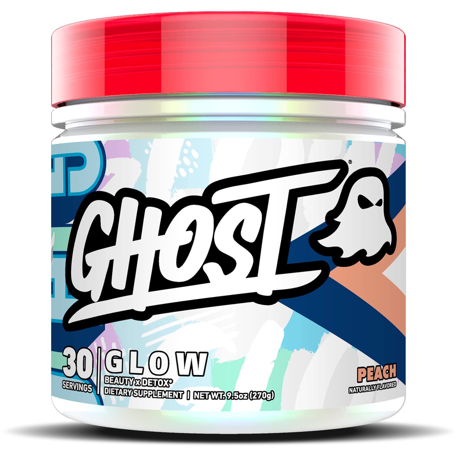 GHOST Glow: Beauty and Detox Support Formula - 30 Servings, Peach - Skin Boosting Biotin and L-Theanine for Antioxidants for Hydration Radiance, Complexion and Nourishment - Vegan, Gluten-Free