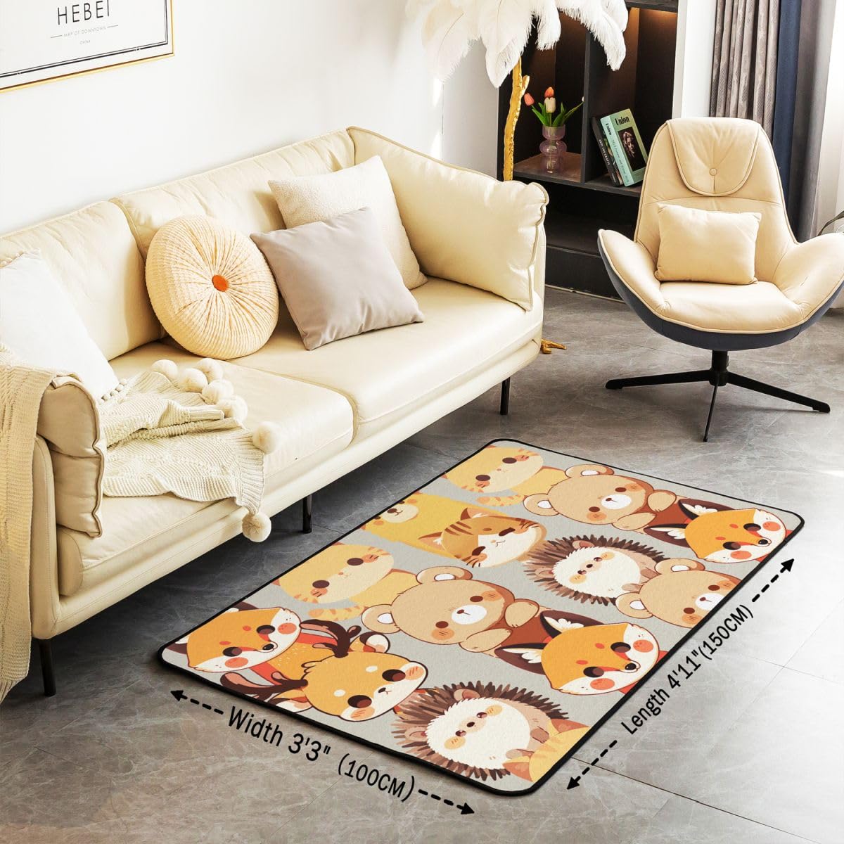 Kawaiis dywan do salonu, ze zwierzętami, 150 x 200 cm, motyw kota, lis, niedźwiedź, jeleń, jeż, do sypialni, dywan dla chłopców i dziewczynek, z kreskówki, dzikie zwierzęta, mata podłogowa