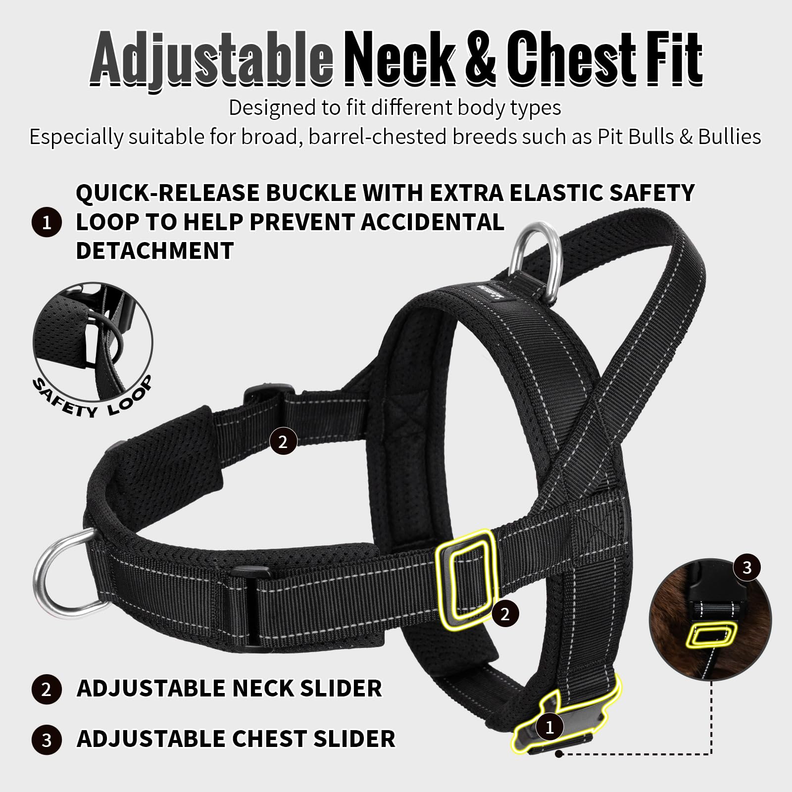 Arblina Harnais pour Chien, Harnais Anti-Traction pour Chiens Moyens et Grands, Harnais à Structure en T avec Éléments Réfléchissants, Harnais Doux pour Pitbull, American Bullies, Noir L