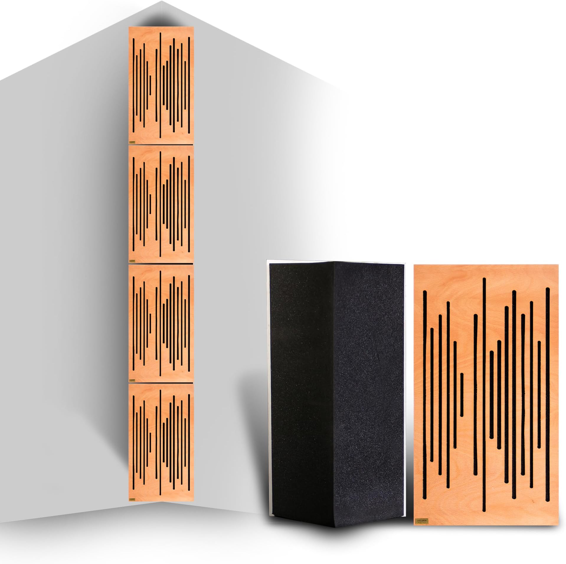 Deconik Acoustic Bass Traps - Pack of 4, Brown Color, Diffusion - Reflection - Soundproofing - Insulation, Absorption Panels, Wood & Foam Construction, Size: 60x33x33cm