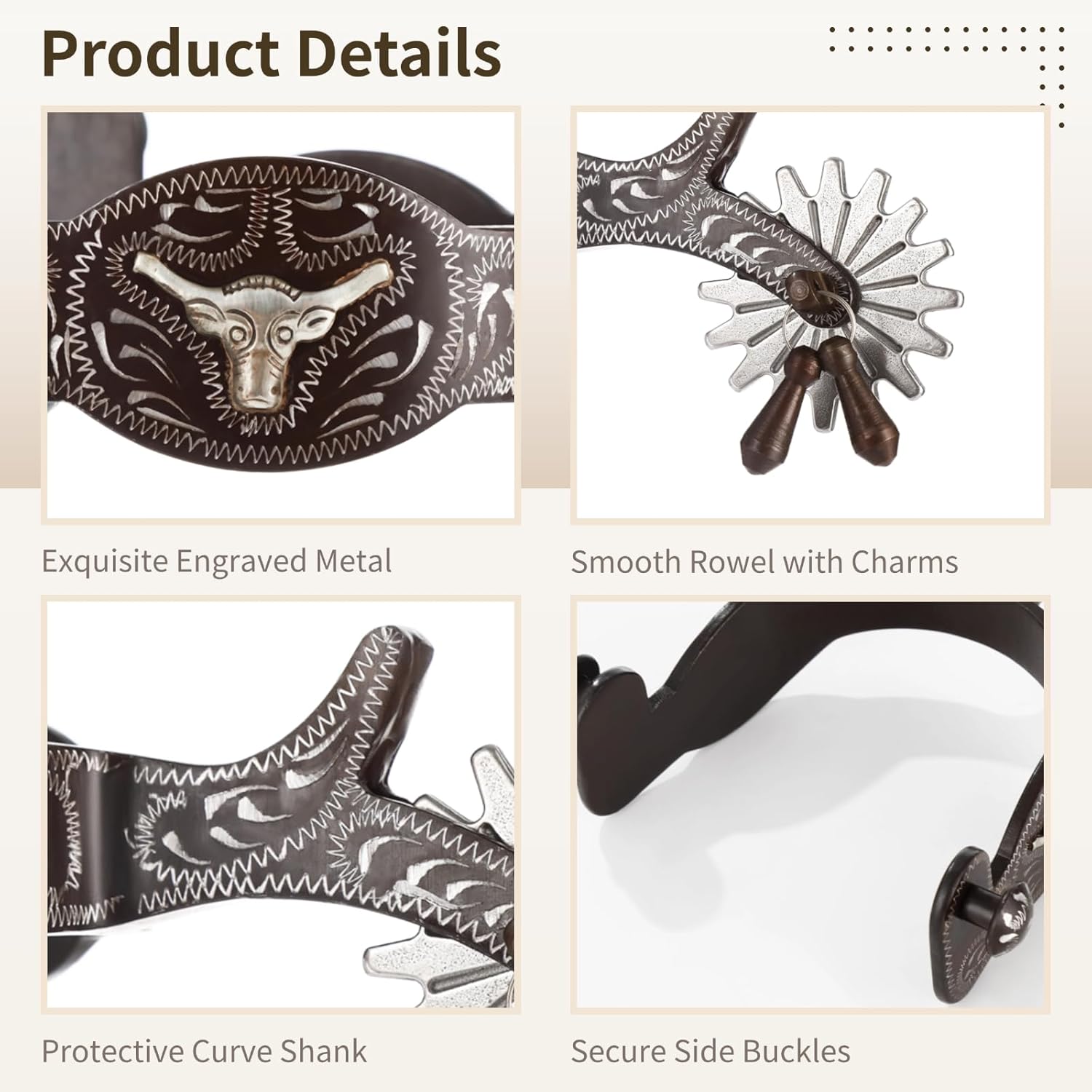 2 PCS Western Spurs, Cowboy Boot Spurs with Turnable Gear, Western Riding Gear with Secure Side Buckles for Training Cues Ranch Arena Riding