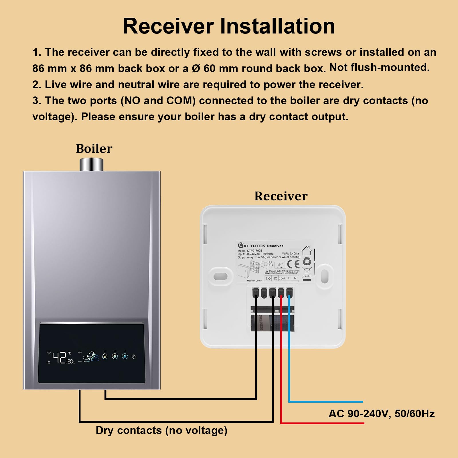 KETOTEK Inteligentny termostat bezprzewodowy z odbiornikiem RF do kotła 5 A 220 V | Cyfrowy zestaw termostatu pokojowego WiFi do kotła, kompatybilny z Alexa, programowalny, sterowanie aplikacją Tuya/Smart Life