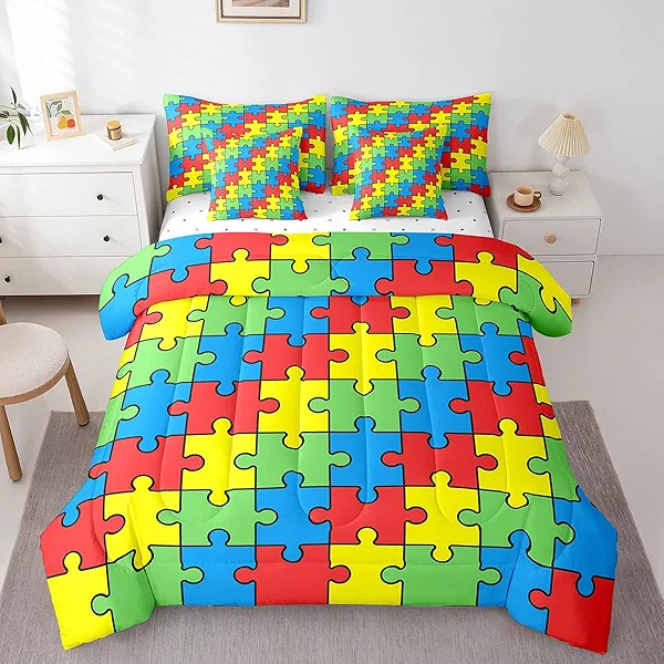 Feelyou Funny Colorful Blocks Kids Bedding Sets Boys Girls Abstract Geometric Comforter Bed in a Bag Twin Size Game Pieces Fractal Hobby Bed Duvet Insert Bright Multicolor Room Decor