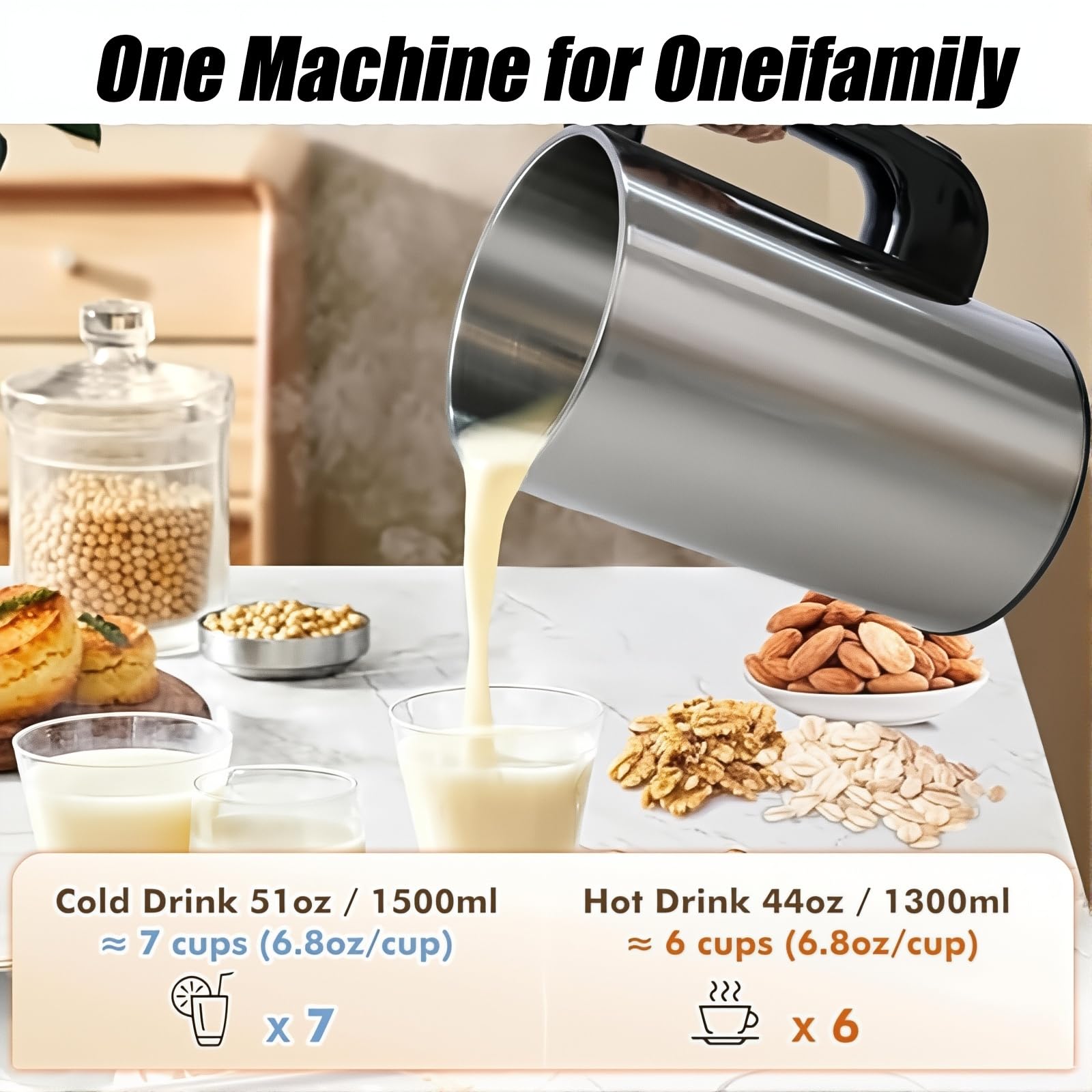 Soja- und Nussmilchmaschine, 1,2 l, 6-Gang-Einstellung, selbstreinigend, geeignet für Sojabohnen, Mandel, Hafer und vegane Milch
