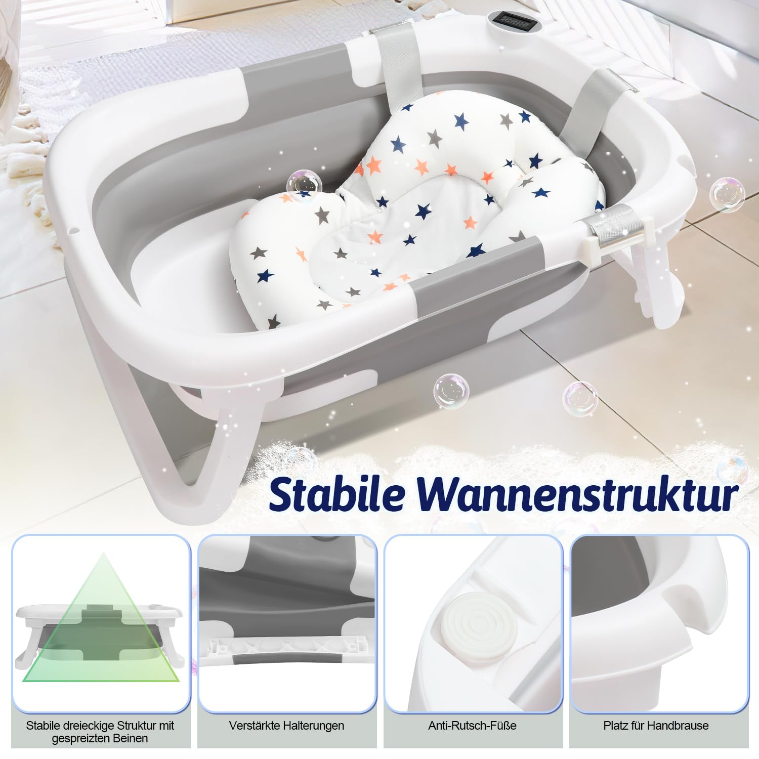 Daromigo Faltbare Babybadewanne, mit Thermometer, Baby Badewanne mit Weichem Badekissen,Rutschfestem Ständer, Platzsparend, für Neugeborene Monate, Grau