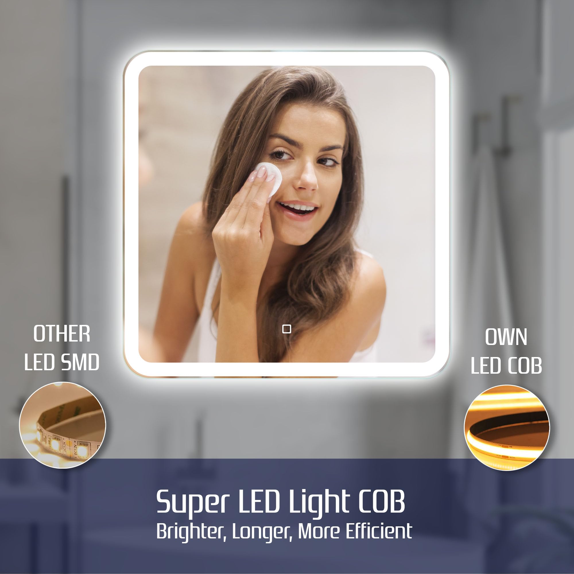 60 cm Kwadratowe Lustro Łazienkowe z Oświetleniem LED Podświetlone Lustro z Włącznikiem Zaokrąglone Kwadratowe Lustro Łazienkowe z Naturalnym Białym Światłem Podświetlane z Przodu