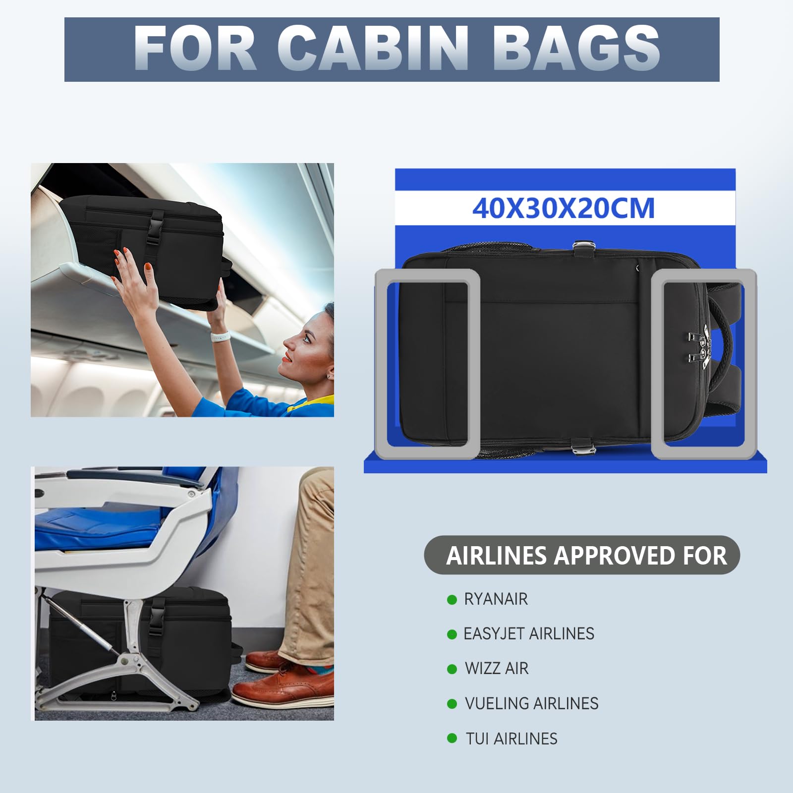 Lossga Sac a Dos Voyage Cabine Avion 40x30x20 Bagages Cabine pour Ryanair avec Poche Antivol Unisexe Sac de Voyage Résistant Bagage à main 24L Sac de Cabine