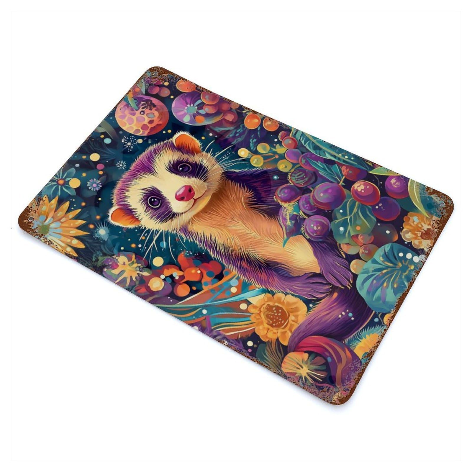 Vibrant Ferret Botanical Portrait – Colorful Floral Weasel Art Vintage Wall Sign 11.8"x7.9", Rust Effect Metal Decor for Bistro, Counter And Cafe Decor